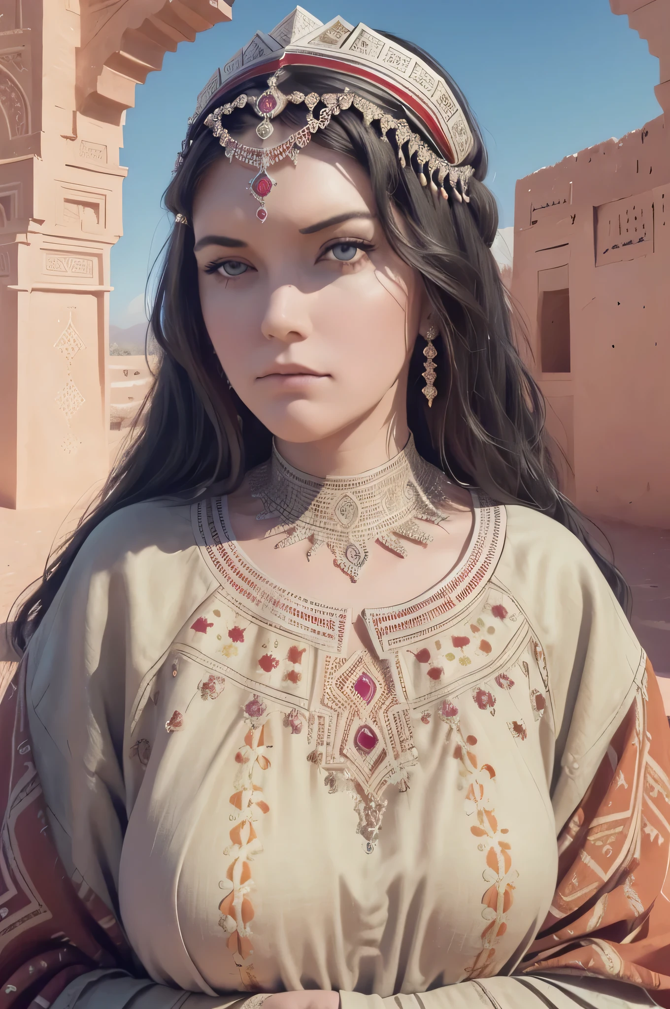 ((best quality)), ((masterpiece)), ((realistic,digital art)), (hyper detailed),DonMD3m0nV31ns,lightning veins, Lush Instrument, Optimal Viewing Angles,Eye Wash Stations,Detachable Units,Assembly Blocks, Lace, Crystalline, beautiful, traditional, Amazigh headdress, long shot scenic professional photograph of pretty woman, BBW, curvy, brunette, bright eyes, jewelry, Moroccan Caftan, TazerzitXL, isni, liberty headdress, Moroccan pattern background, Marrakech, Riad pool, Morocco, Berber, perfect viewpoint, highly detailed, wide-angle lens, hyper realistic, with dramatic sky, polarizing filter, natural lighting, vivid colors, everything in sharp focus, HDR, UHD, K