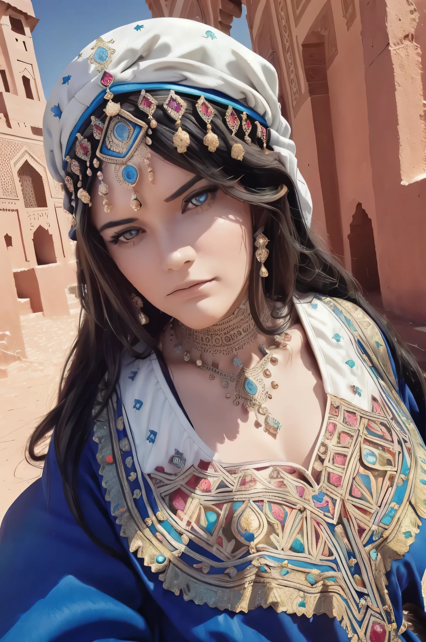 ((best quality)), ((masterpiece)), ((realistic,digital art)), (hyper detailed),DonMD3m0nV31ns,lightning veins, Lush Instrument, Optimal Viewing Angles,Eye Wash Stations,Detachable Units,Assembly Blocks, Lace, Crystalline, beautiful, traditional, Amazigh headdress, long shot scenic professional photograph of pretty woman, BBW, curvy, brunette, bright eyes, jewelry, Moroccan Caftan, TazerzitXL, isni, liberty headdress, Moroccan pattern background, Marrakech, Riad pool, Morocco, Berber, perfect viewpoint, highly detailed, wide-angle lens, hyper realistic, with dramatic sky, polarizing filter, natural lighting, vivid colors, everything in sharp focus, HDR, UHD, K