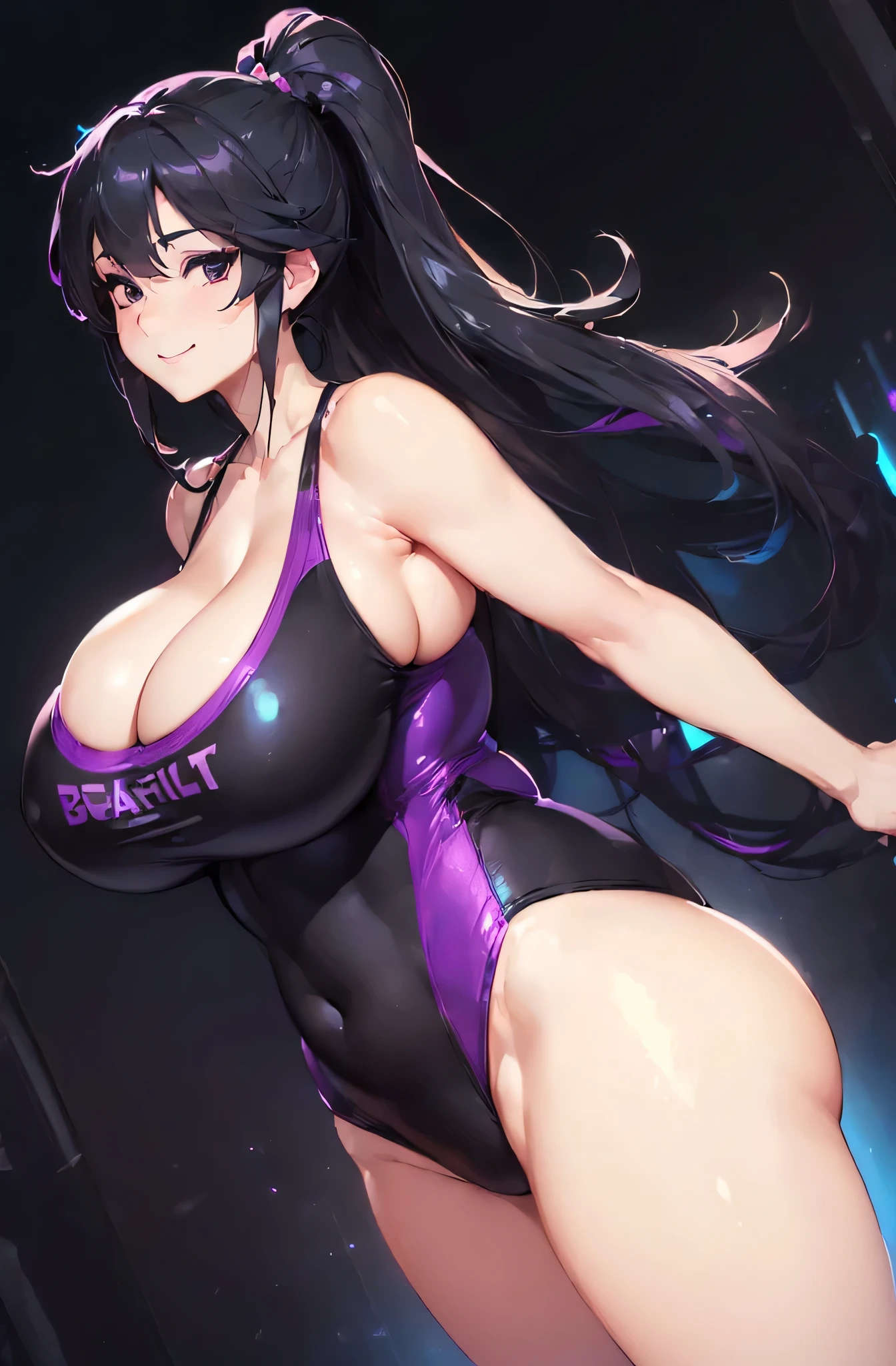 (1girl:1.5),(Low - Angle:2.0),(sexy pose:1.5),(Smile Beam:1.5),(full body),((huge breasts:2.0)),(huge saggy breasts:2.0), ((cleavage:1.5)),((purple and blue competition swimsuit:1.5)),((High leg:1.5), 40 years old,masterpiece,hyper quality, very detailed,perfect picture,3D,8k,High resolution,seductive anime girl, medium hair:1.3,black hair,(black eye:1.5),sporty hairstyle,Smooth anime CG art,