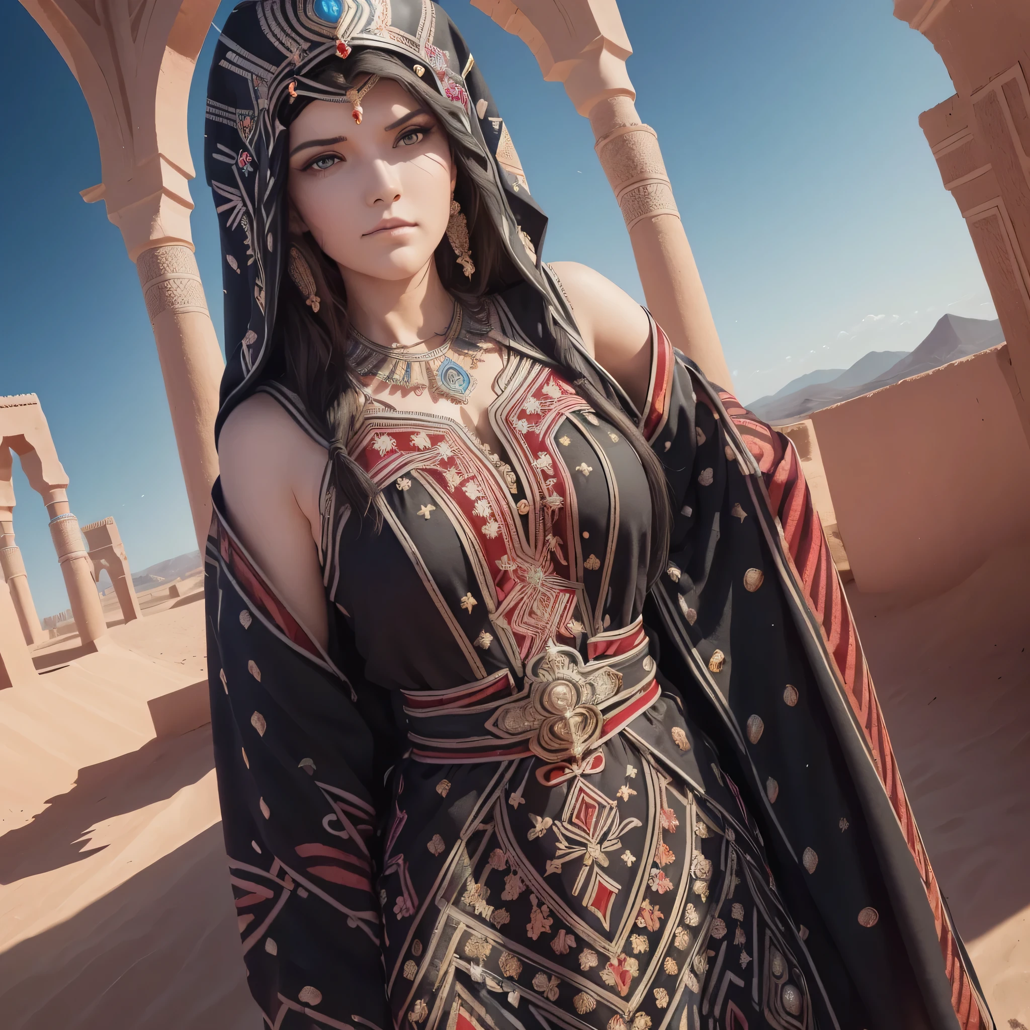 ((best quality)), ((masterpiece)), ((realistic,digital art)), (hyper detailed),DonMD3m0nV31ns,lightning veins, Lush Instrument, Optimal Viewing Angles,Eye Wash Stations,Detachable Units,Assembly Blocks, Lace, Crystalline, , beautiful, traditional, Amazigh headdress, long shot scenic professional photograph of pretty woman, brunette, bright eyes, jewelry, Moroccan Caftan, TazerzitXL, isni, liberty headdress, Moroccan pattern background., Marrakech, Riad, Morocco, Berber, perfect viewpoint, highly detailed, wide-angle lens, hyper realistic, with dramatic sky, polarizing filter, natural lighting, vivid colors, everything in sharp focus, HDR, UHD, K