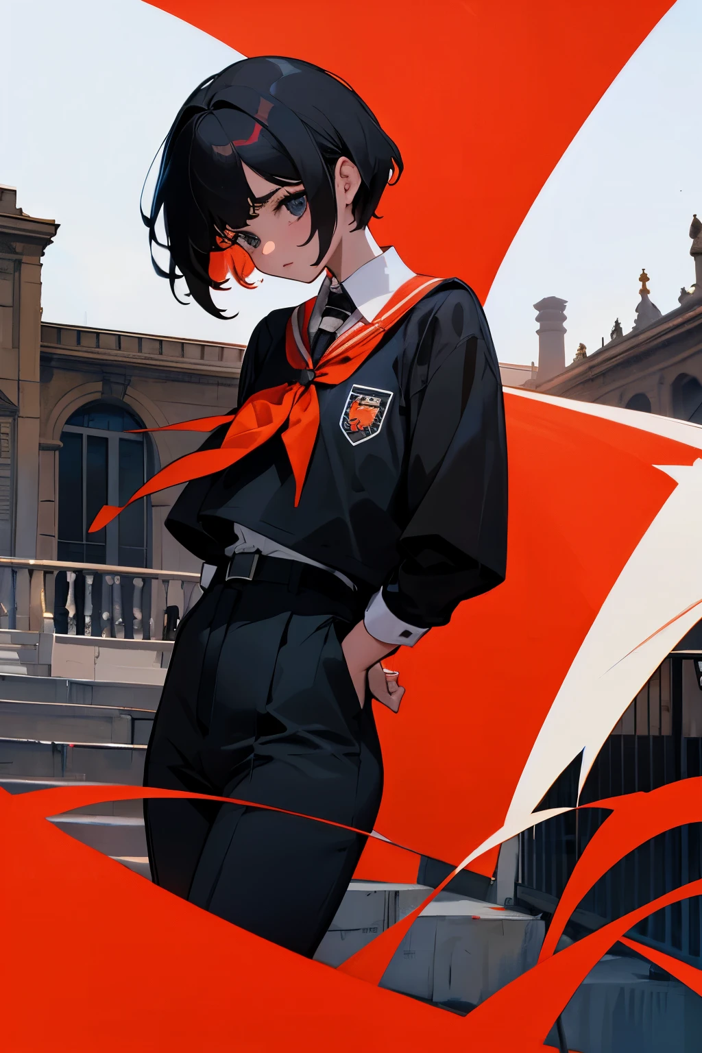 18 year old , cabello corto hasta los hombros color negro, uniforme con medias largas hasta las rodillas, camisa blanca con corbata color rojo, falda corta, en la terraza de colegio