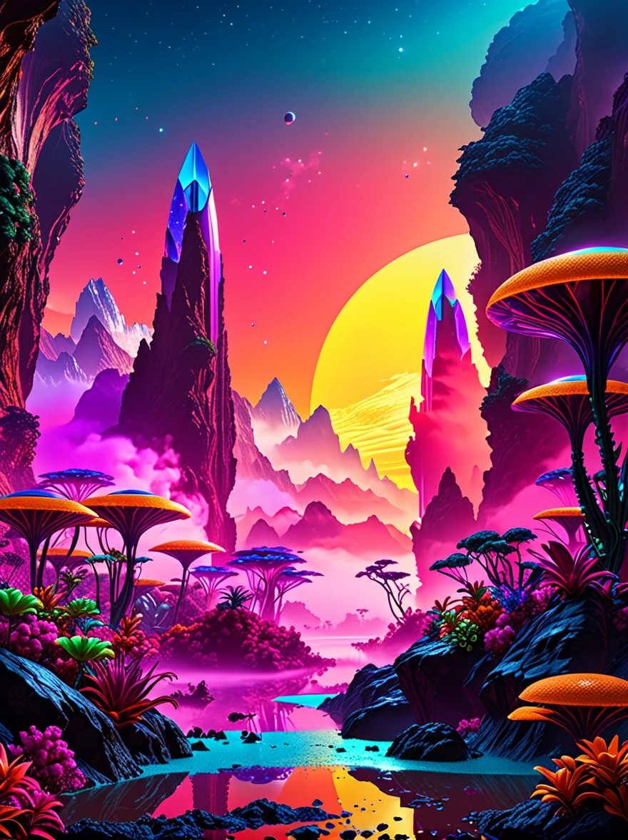 hyper-realistic alien landscape, futuristic planet, towering alien architecture, exotic alien flora, glowing alien crystals, vibrant neon hues, cinematic dramatic lighting, volumetric fog, sense of scale, awe-inspiring, ethereal, highly detailed, intricate, photorealistic, (best quality,8k,highres,masterpiece:1.2),ultra-detailed,(realistic,photorealistic,photo-realistic:1.37)