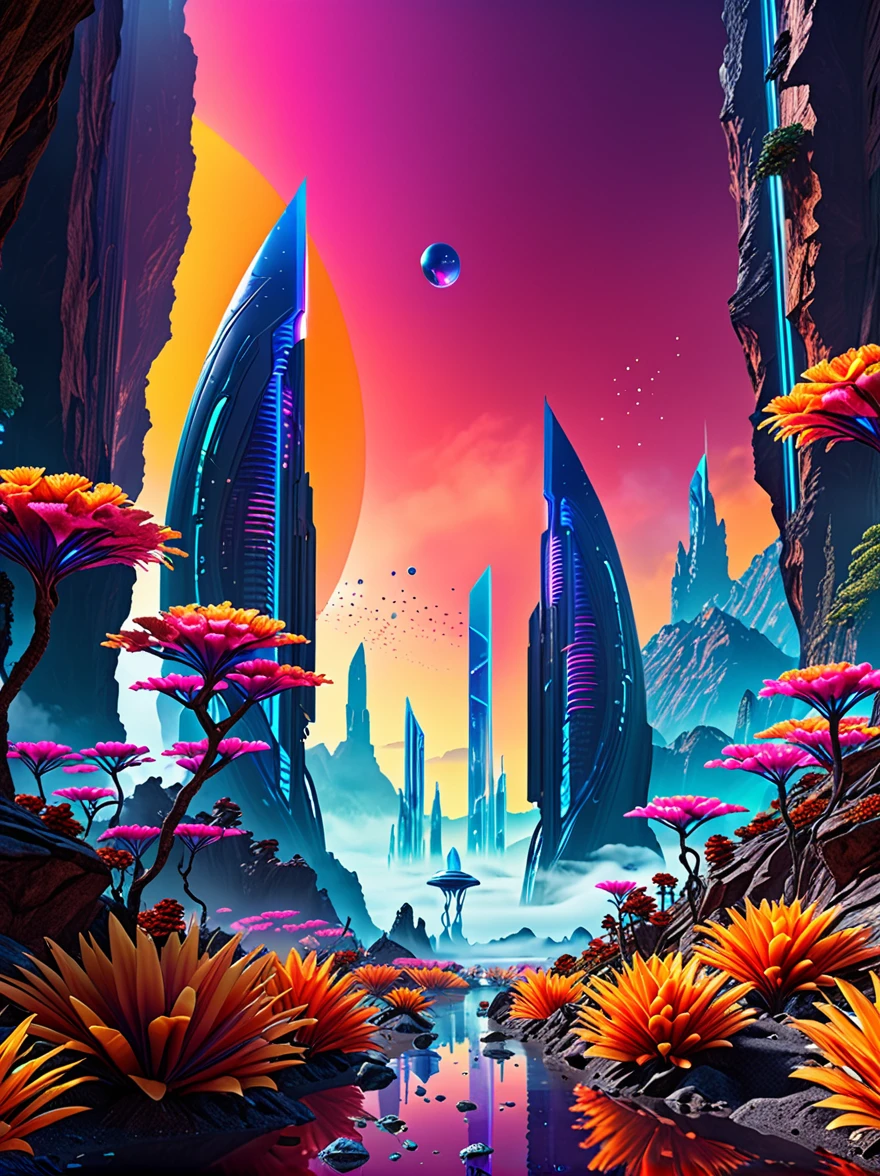 hyper-realistic alien landscape, futuristic planet, towering alien architecture, exotic alien flora, glowing alien crystals, vibrant neon hues, cinematic dramatic lighting, volumetric fog, sense of scale, awe-inspiring, ethereal, highly detailed, intricate, photorealistic, (best quality,8k,highres,masterpiece:1.2),ultra-detailed,(realistic,photorealistic,photo-realistic:1.37)