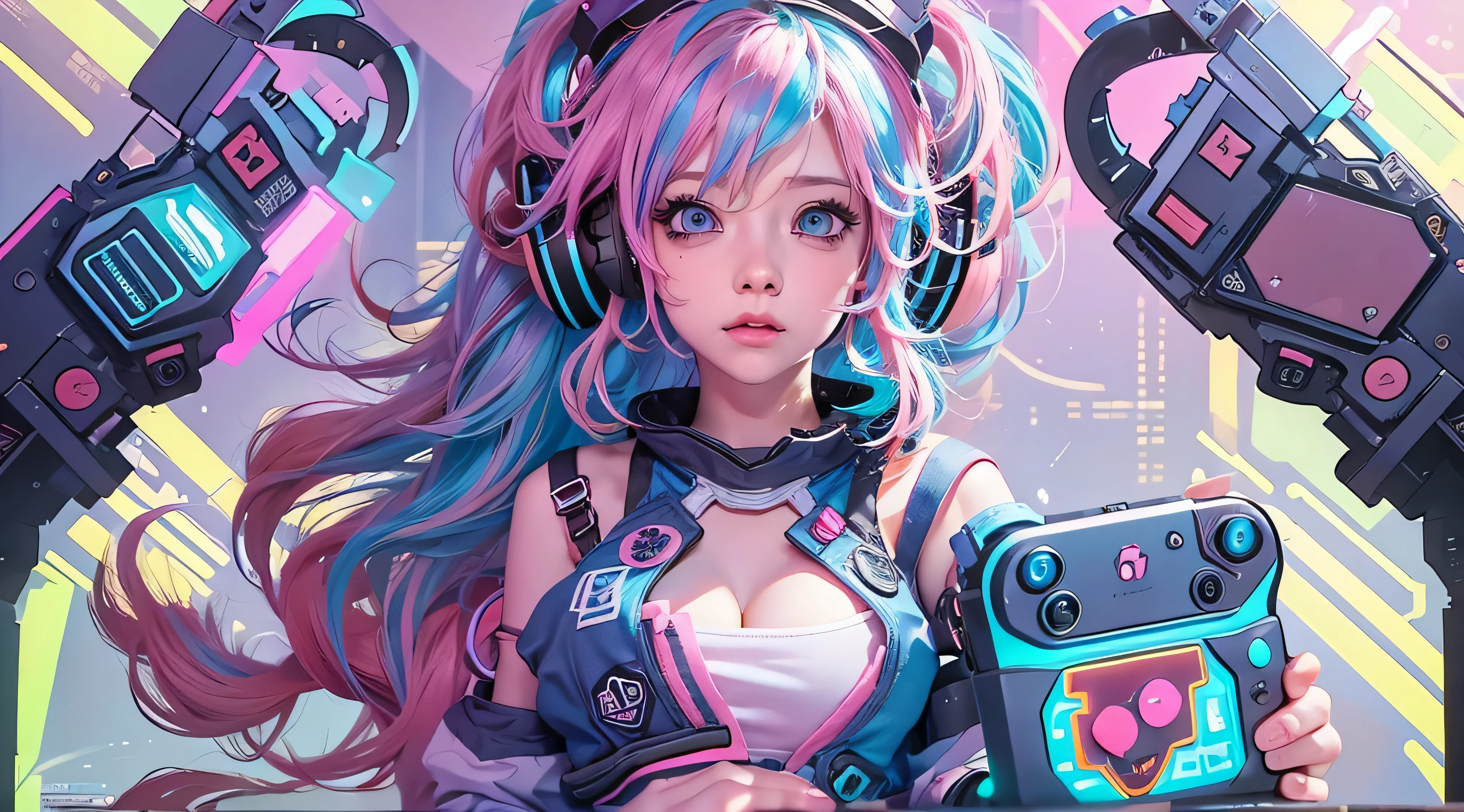 A girl with pink blue hair, wearing a colorful outfit and cosplay costume, stands in a dynamic pose. She has a playful expression on her face as she enjoys playing video games. The girl is a gamer, immersed in her virtual world, holding a console controller in one hand and a keyboard in the other. She wears headphones, symbolizing her dedication to gaming. The scene is set in a brightly lit studio with soft lighting, enhancing the vivid colors of the girl’s outfit. The composition is creative and cartoonish, with a background scenery featuring artistic interpretation of video game elements. Glowing digital effects surround the girl, adding to the energetic and action-packed atmosphere. Electric blue accents are scattered throughout the image, giving it a mysterious and futuristic feel. Overall, the prompt aims to capture the fun, enthusiasm, and creativity associated with gaming, while showcasing the girl's passion and love for video games in an anime-style artwork.
Gamer girl pink blue hair sexy outfit slim body