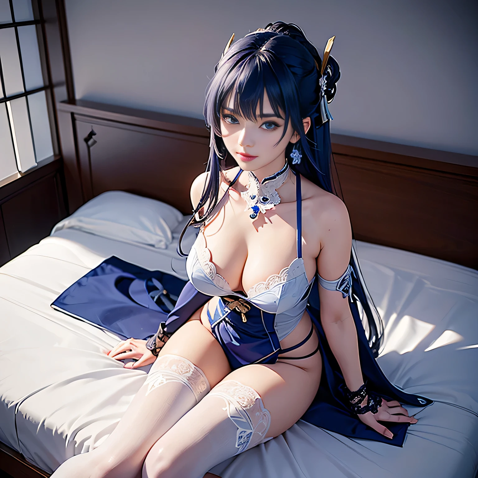 ((Raiden Shogun in Genshin Impact)),((semi long beautiful dark blue hair,beautiful blue eyes)),
Vulgar,high angle,from above,cleavage,((1girl, showing white elegant beautiful underwear bodysuits)),  ((masterpiece, highest resolution)), (beautiful illustration),(flat sitting on the beautiful bed,legs wide open),(looking at the viewer),innocent smile,cinematic lighting,white over-kneehighs,Lace chalker, wristband, diamond necklace,wristband, white fingerless gloves, earrings,modern elegant beautiful gorgeous hotel room,night