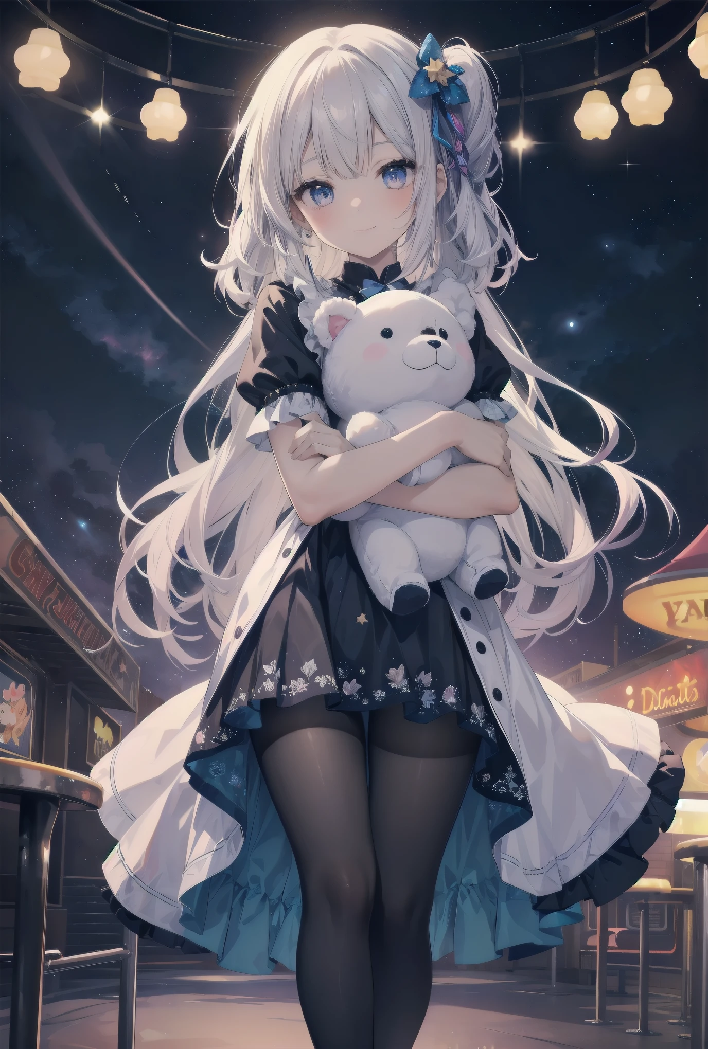 A girl hugging a stuffed animal in a space amusement park:.Amidst the colorful lights and stars of a space amusement park, a young girl holds a large stuffed animal in her arms. She is dressed in a dreamy blue dress decorated with lace and ribbons in the shape of stars. Her black tights are decorated with shiny floral patterns, and she wears shoes with silver glitter on her feet. The girl's expression is shy and smiling, and behind her is an infinite universe, with stars twinkling all around her. This scene captures a fantastic moment when dream and reality intersect