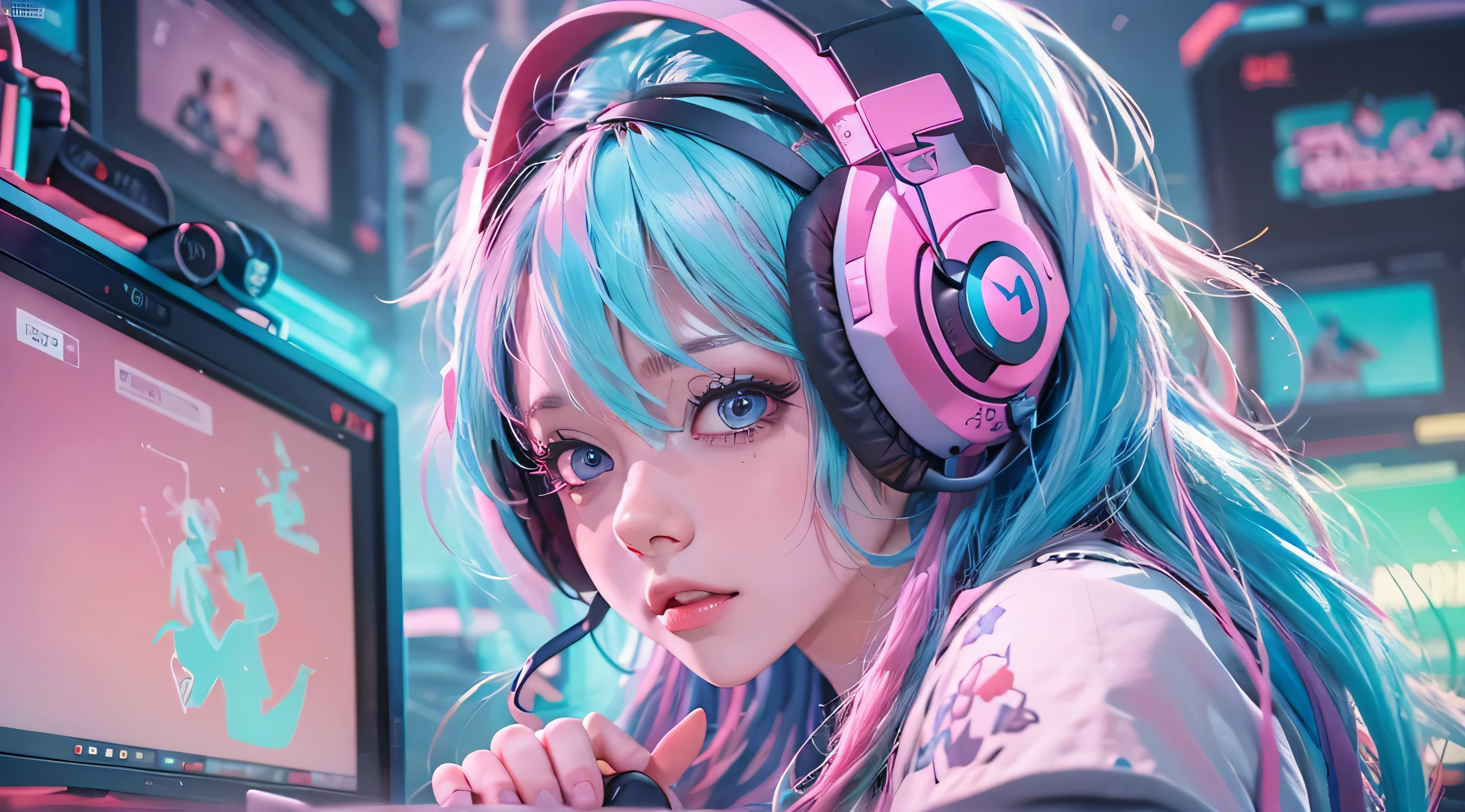 A girl with pink blue hair, wearing a colorful outfit and cosplay costume, stands in a dynamic pose. She has a playful expression on her face as she enjoys playing video games. The girl is a gamer, immersed in her virtual world, holding a console controller in one hand and a keyboard in the other. She wears headphones, symbolizing her dedication to gaming. The scene is set in a brightly lit studio with soft lighting, enhancing the vivid colors of the girl’s outfit. The composition is creative and cartoonish, with a background scenery featuring artistic interpretation of video game elements. Glowing digital effects surround the girl, adding to the energetic and action-packed atmosphere. Electric blue accents are scattered throughout the image, giving it a mysterious and futuristic feel. Overall, the prompt aims to capture the fun, enthusiasm, and creativity associated with gaming, while showcasing the girl's passion and love for video games in an anime-style artwork.
Gamer girl pink blue hair sexy outfit slim body