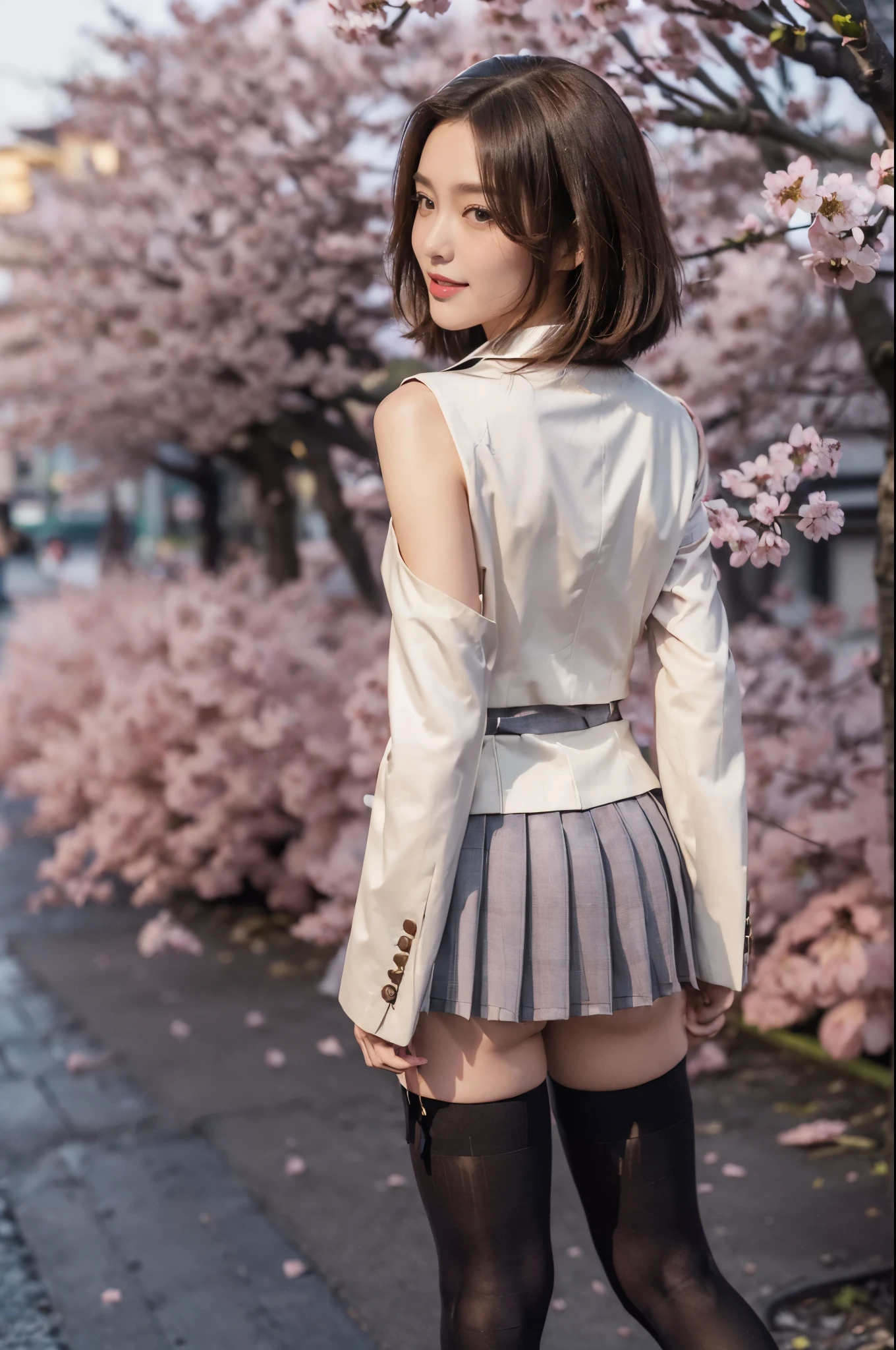 ((((8k))),((Extremely meticulous CG)) ,(wallpaper),16k,((Extremely refined and beautiful)),(((Masterpiece))),(((best qualtiy))),(((Ultra High Resolution))),beautiful light up,Perfect lightning,realistic shaded,((high resolution)),(Smooth and flawless skin:1.5),(Extremely exquisite facial details:1.2),(perfect body:1.2),(ultra-detailed),((A beautiful girl,solo)),(small head:1.2),(pale skin:1.3),(shoulder length straight bob hair:1.2),(small face:1.2),(baby face:1.3),(Exquisite makeup:1.2),(small breasts:1.2),(flat chests:1.2),((slim,thin)),(smile:1.2),(happy:1.2),(Windsor knot:1.2),(JK uniform:1.5),(underneath the blazer is a collared shirt:1.3),(Checkered pleated short mini skirt:1.3),(towering hips:1.3),(slender legs:1.2),(underwear:1.2),(towering hips:1.3),(stockings:1.5),(loafers:1.2),(day scene:1.3),(morning:1.3),(On the street full of sakura:1.5),(Japanese town:1.3),(detailed background:1.5),(standing:1.3),(upper body:1.3),(from back:1.3),