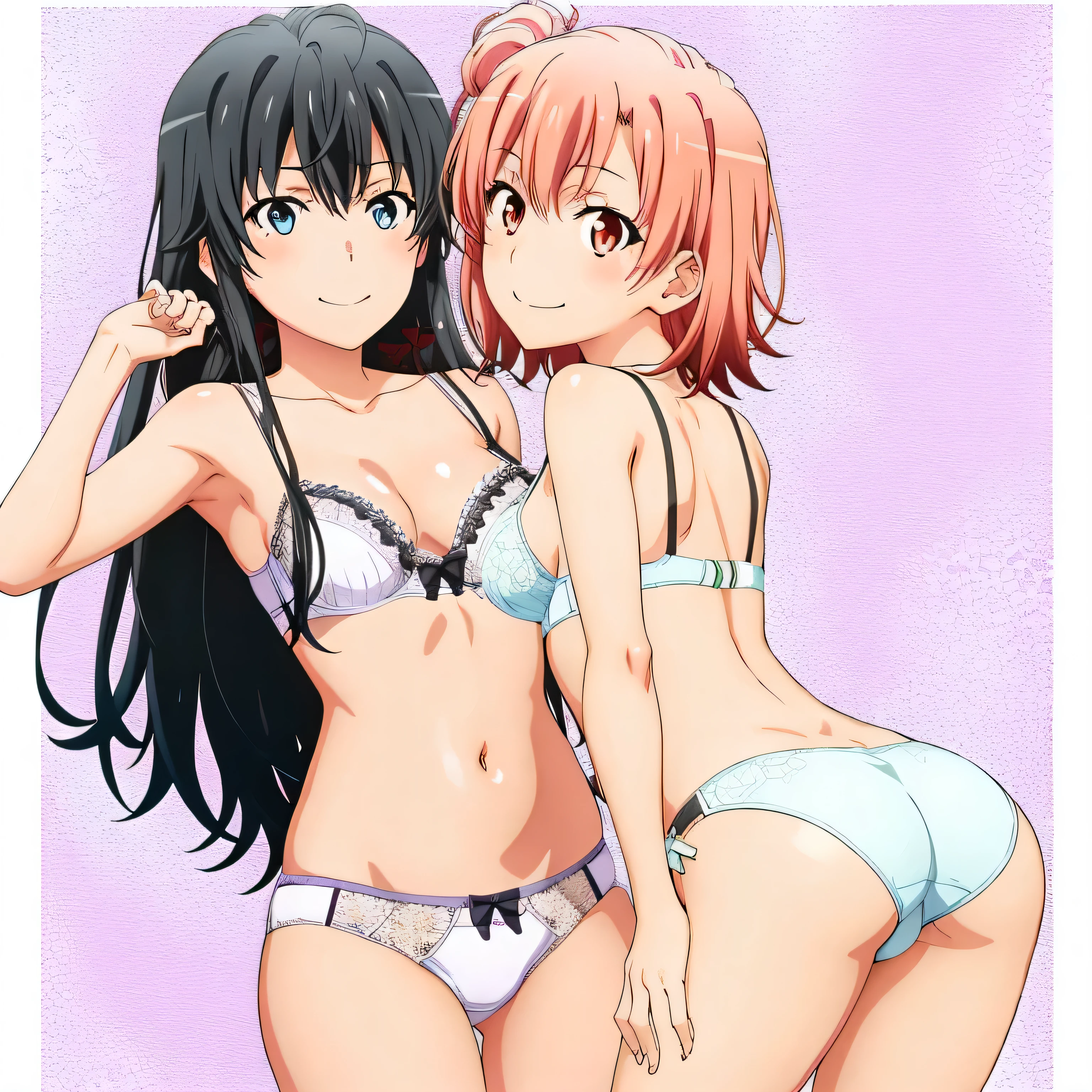 2 girls , Yukinoshita Yukino , yuigahama yui is nice bast and hip, waltz dance , In underwear,pink good,belly button,panties,white bra、belly button,white panties,thighs,butt,high angle,