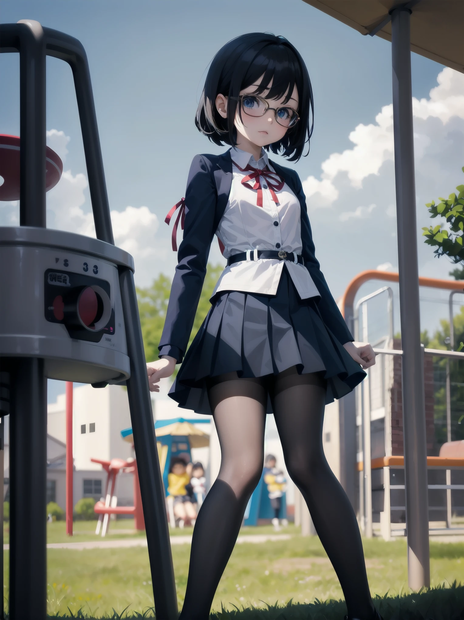 (Masterpiece: 1. 2), (Top quality: 1. 2), Anime girl, 1, 6 , Fashionable ribbon, red intricate and detailed eyes, white female blouse, brand grey blazer, small red ribbon on chest, super young and cute kindergarndergarten , priss skirt, black tights, details Fine tights, full body, young girl looking back from the side, front view, alone, bruised and super cute, thighs open left and right, erotic pitch kindergarten ,
Background is sitting on the playground equipment in the park, legs open and looking at you, colourful background, beautiful shading effect, bewitching character poses like a scene from a movie.