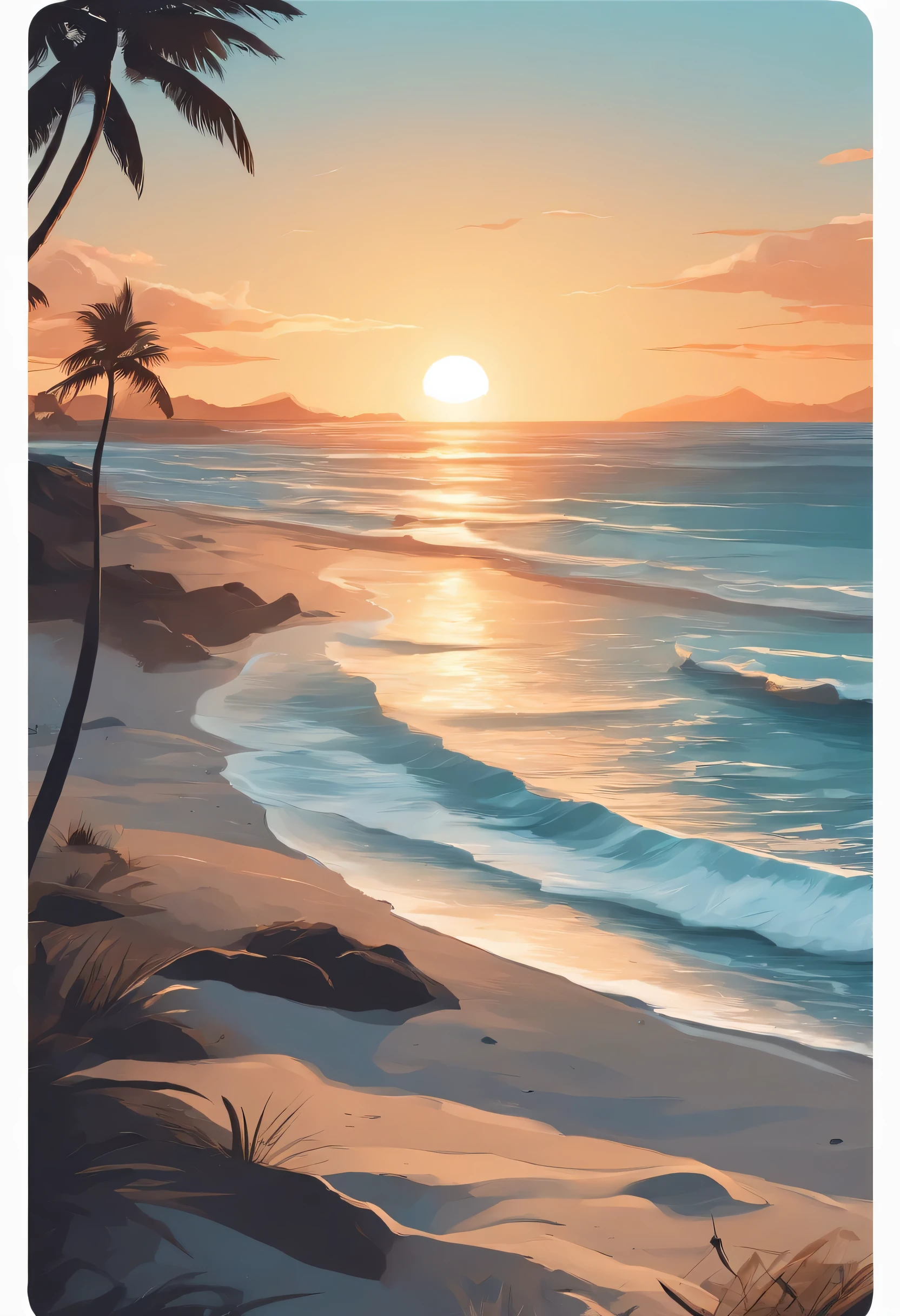 /Image prompt: Beach illustration on white background sticker, anime outline style, jagged edges, Blackout--V 5.2, high resolution, sun, fresh,