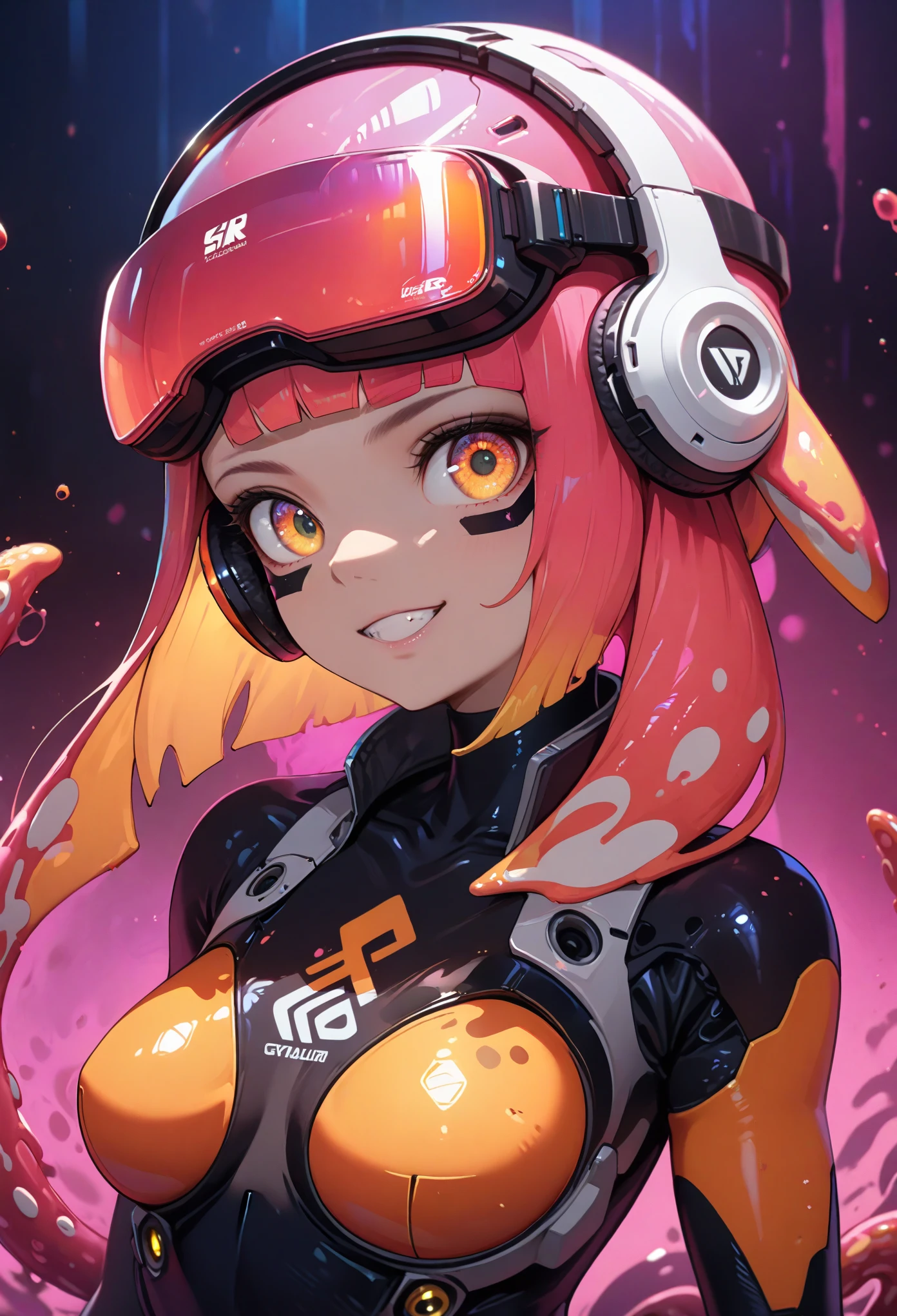 best quality, (ultra high res), smooth realism, 1girl, solo, ((vr visor, cyber wearface)), splatoon inkling, transparent tentacles, subsurface scattering, gradient hair, headphones, amazing composition, incredible lighting, saturated color, vibrant, argyle pattern, realistic lighting, fashion model, smiling, detailed teeth, robot joints, mechanical bodysuit, cyber helmet, (cinematic lighting), ((fullbody: 1.5))