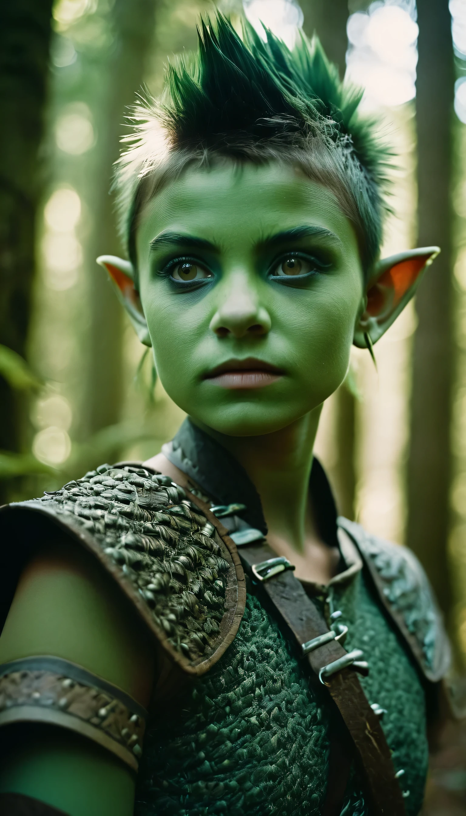 analog film photo, photo of young goblin warrior, female, 13 years-old, greenish skin, diminutive build, pointy ears, upturned nose, slitted pupils, mohawk haircut, pretty, natural beauty, mystical forest, RAW Photograph, dslr, soft lighting, high quality, film grain, Fujifilm XT3, detailed skin with visible pores, insane details, masterpiece, 8k, 35mm photograph, dslr, kodachrome, faded film, desaturated, 35mm photo, grainy, vintage, Kodachrome, Lomography, stained, highly detailed, found footage, close-up shot