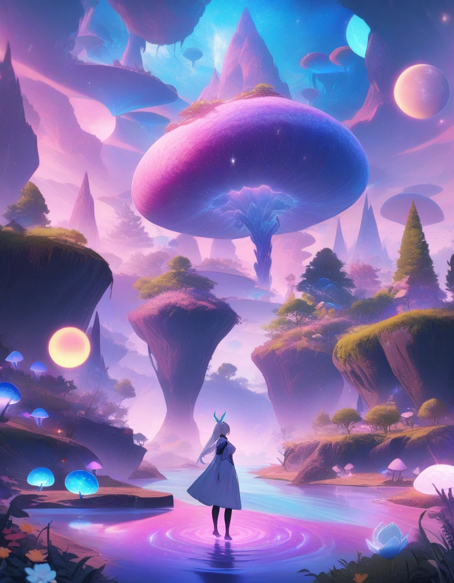 1girl, alien landscape, aesthetic, extremely detailed, masterpiece, best quality, very aesthetic, absurdres, digital rendering, vibrant colors, surreal atmosphere, towering rock formations, otherworldly plants and trees, glowing flora and fauna, bioluminescent mushrooms, sparkling rivers, alien wildlife, ethereal sky, multiple moons in orbit, floating islands, mystical energy sources, mysterious ruins, ancient symbols, cosmic energy, magical reflections, dreamlike haze, extraterrestrial civilizations, breathtaking vistas, infinite possibilities