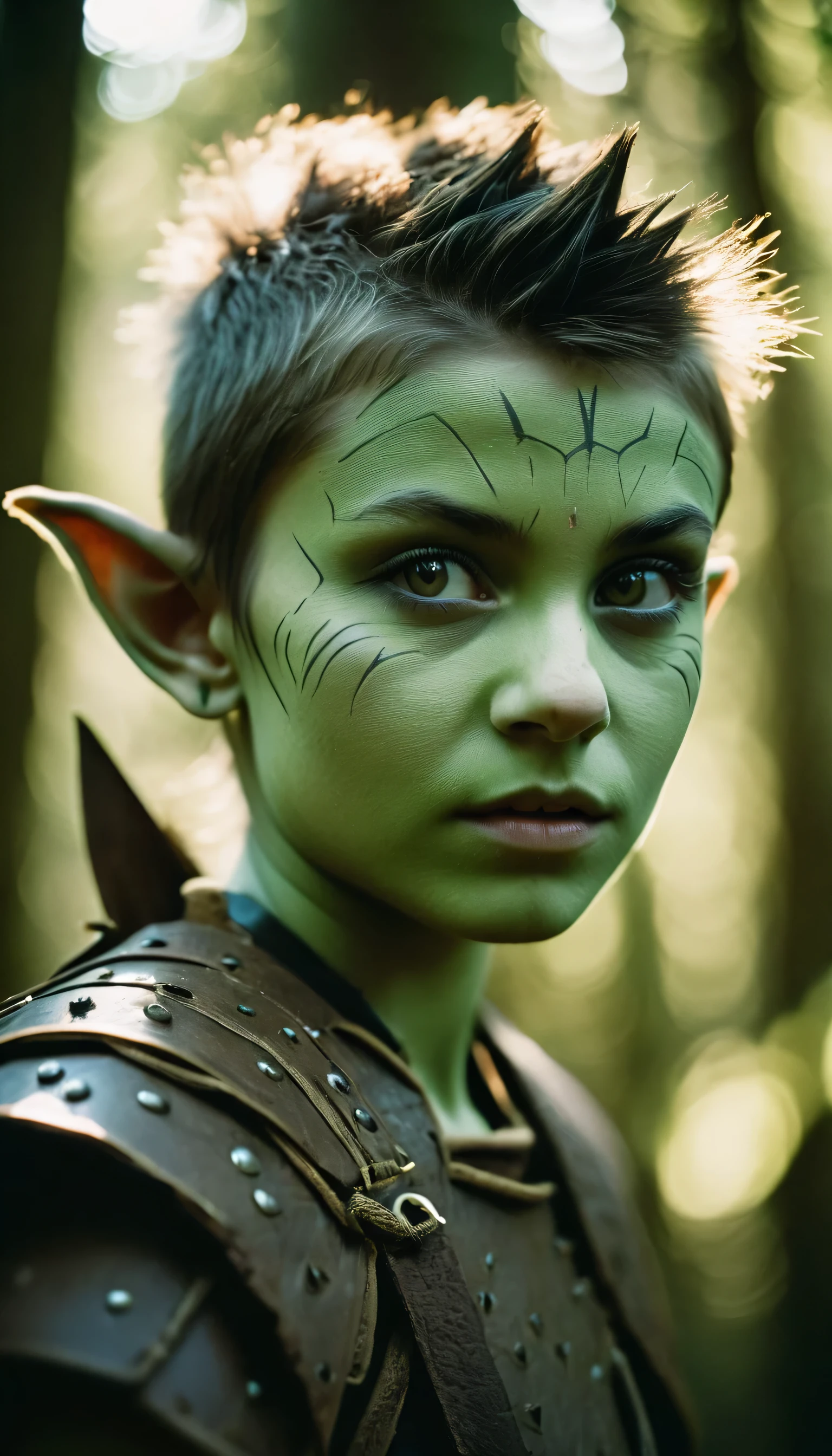 analog film photo, photo of young goblin warrior, female, 13 years-old, greenish skin, diminutive build, pointy ears, upturned nose, slitted pupils, mohawk haircut, pretty, natural beauty, mystical forest, RAW Photograph, dslr, soft lighting, high quality, film grain, Fujifilm XT3, detailed skin with visible pores, insane details, masterpiece, 8k, 35mm photograph, dslr, kodachrome, faded film, desaturated, 35mm photo, grainy, vintage, Kodachrome, Lomography, stained, highly detailed, found footage, close-up shot