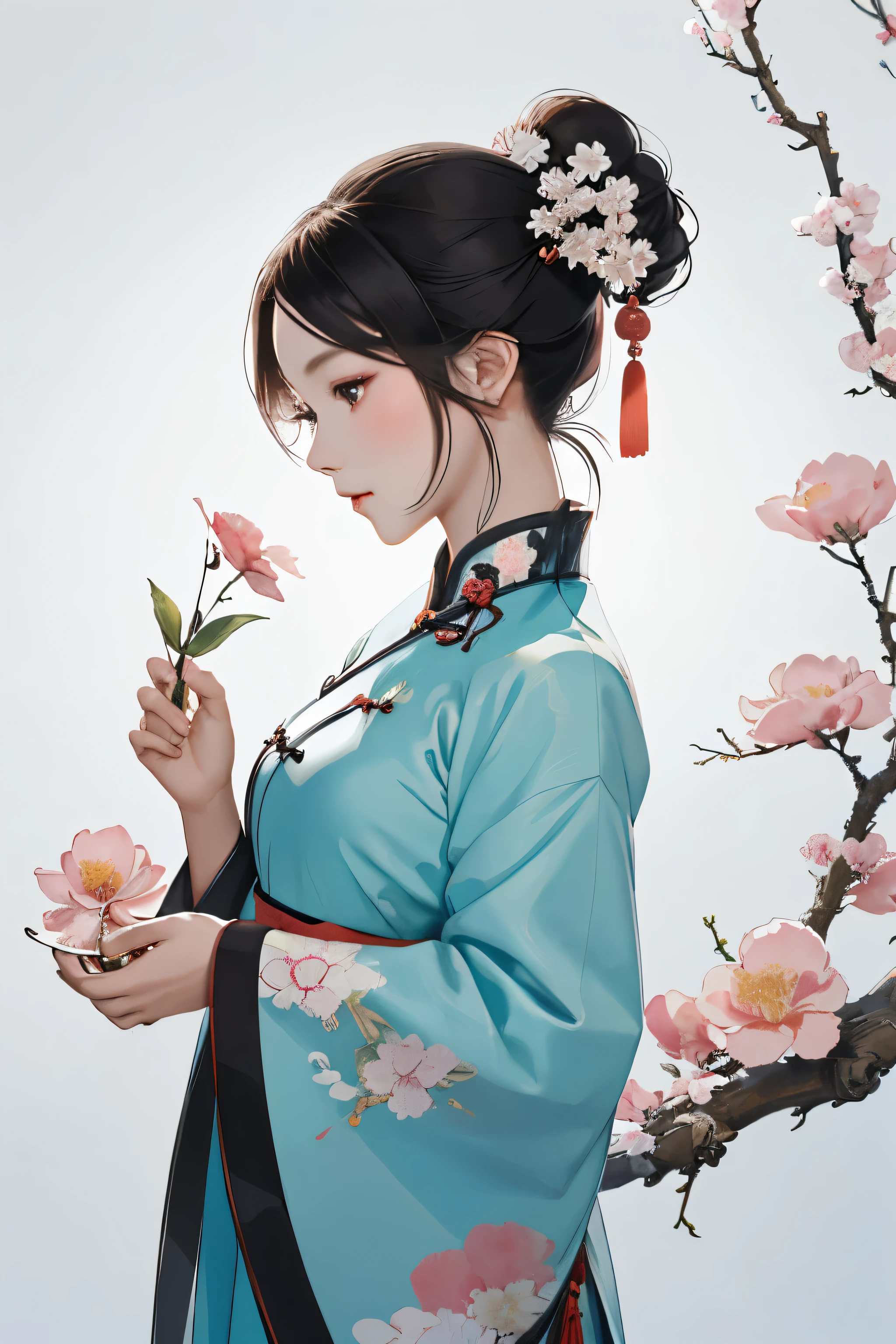 The movie poster features a young Miss as the central character。Chinese style，ink painting，She stands confidently in the center of the poster，Wear classical Chinese clothing，cheongsam，profile，Half body，holding a flower in hand，charming beauty，flirty expression，gorgeous eyes，elegant face。Blurred clean background，Light style，vertical painting (Magazine:1.3), (cover type:1.3), Fashion, Miss, energetic, full outfit, placed in a, front,colorful，That's it，background with，Chinese elements，confident，have expressed，bridle，statement，attachment，Grandiose，Coil，About，touching pussy，Scenes，text，cover，Bold，eye-catching，