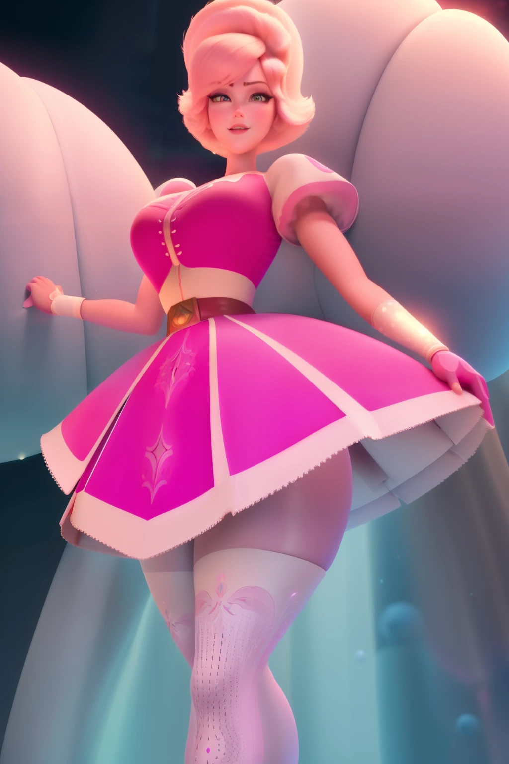 pnkdamond, pink hair, pink eyes, big hair, stomach gem, pink skin, toned,
puffy short sleeves, elbow gloves , white thighhighs, puffy dress,
standing, upper body,
outerspace,
(insanely detailed, beautiful detailed face,beautiful detailed eyes, masterpiece, best quality) cinematic lighting, smile,