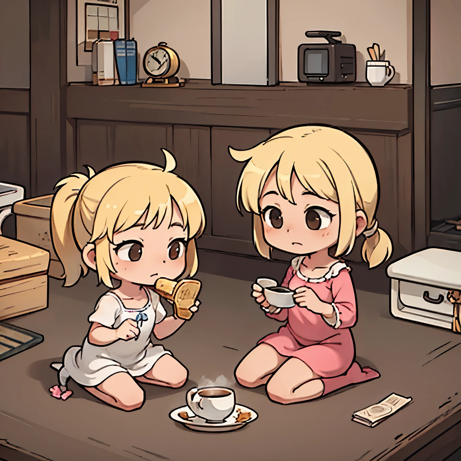 A 1300s style town in London, a blonde hair girl is feeding a mouse inside her home that is dirty and little to no light, the blonde girl is wearing an light pink nightgown that is slightly dirty and has holes in it, she has blueish brown eyes and she wears her hair in pony tails