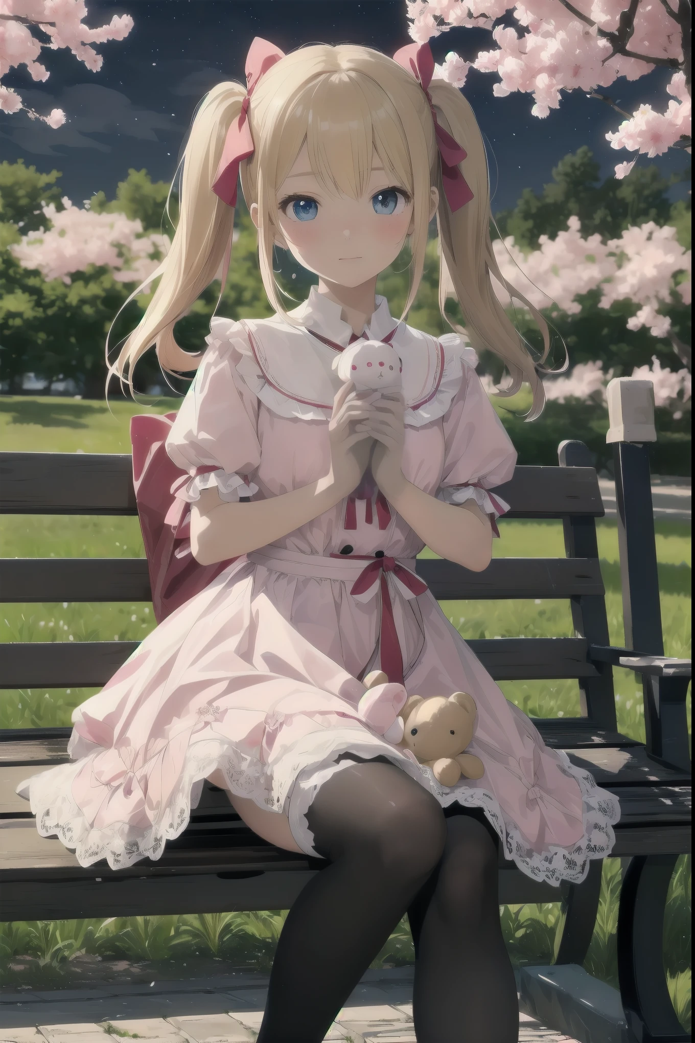 Title: "Stuffed Toys on a Starry Night

Synopsis:.
A cute  stands under a fantastic nighttime cherry blossom tree.
She is wearing black tights, and at her feet sits a cute flower-patterned stuffed animal.
Steam was rising from the air, and a cluster of particles, fluorescent in seven different colors, danced around her, creating a fluffy atmosphere.
The girl holds the stuffed animal with an embarrassed expression.
Her costume incorporates elements of lace and ribbons, harmonizing with the beauty of the nighttime cherry blossoms.

Costume

Fluffy white lace dress
Pink ribbon on the chest
Puff sleeves
Skirt is knee-length and worn with black tights
Pink loafers on her feet
Posing

Holding a large stuffed animal
Looking shy and downcast
Blushing cheeks
Hair in twin-tails tied with a pink ribbon
Situation

Walking along a row of cherry blossom trees
Sitting on a park bench
Drinking tea at a cafe
Other

The girl's hair color is blonde and her eyes are blue
Age is 14 years old
Her personality is cheerful and kind