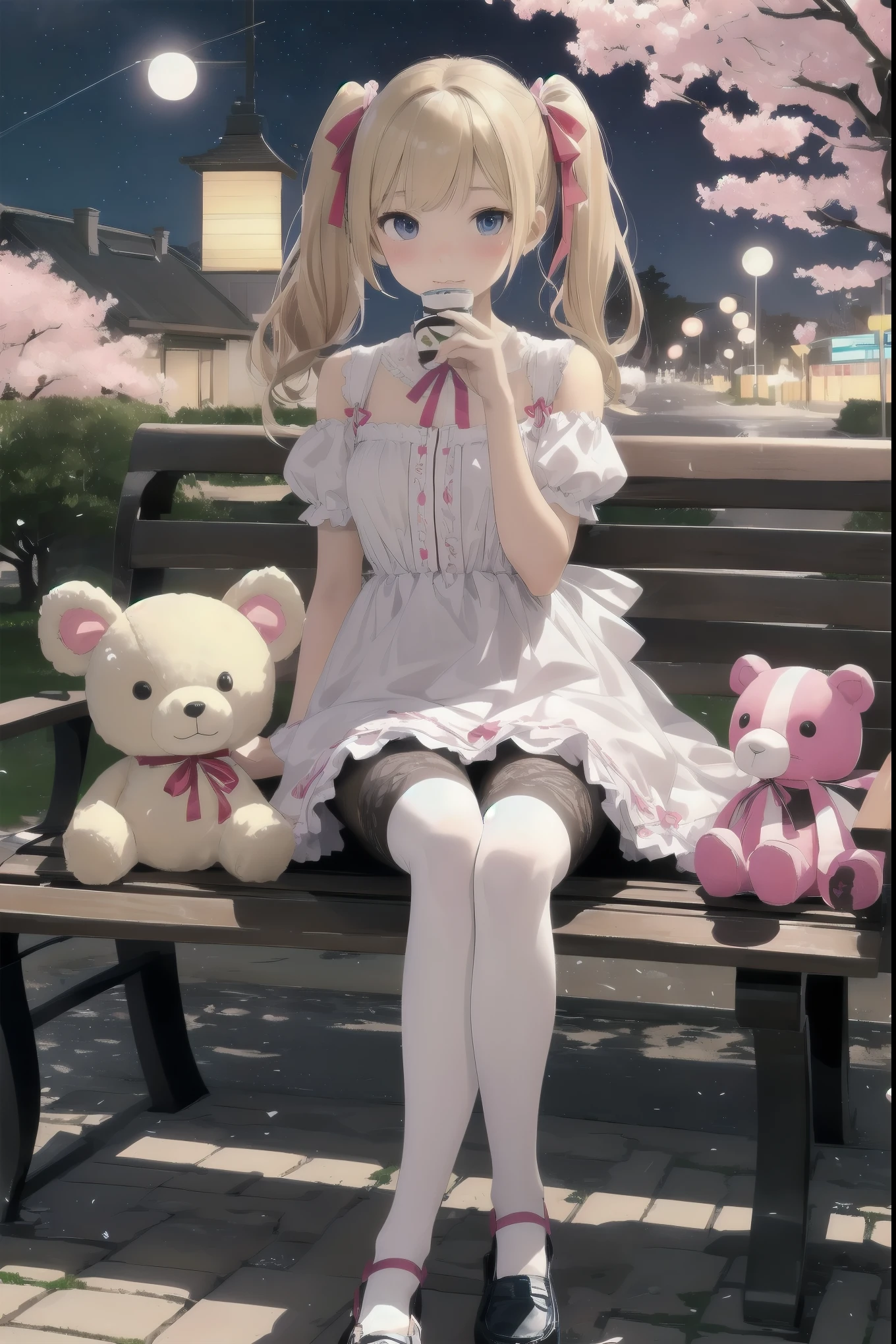 Title: "Stuffed Toys on a Starry Night
Synopsis:.
A cute stands under a fantastic nighttime cherry blossom tree.
She is wearing black tights, and at her feet sits a cute flower-patterned stuffed animal.
Steam was rising from the air, and a cluster of particles, fluorescent in seven different colors, danced around her, creating a fluffy atmosphere.
The girl holds the stuffed animal with an embarrassed expression.
Her costume incorporates elements of lace and ribbons, harmonizing with the beauty of the nighttime cherry blossoms.
Costume
Fluffy white lace dress
Pink ribbon on the chest
Puff sleeves
Skirt is knee-length and worn with black tights
Pink loafers on her feet
Posing
Holding a large stuffed animal
Looking shy and downcast
Blushing cheeks
Hair in twin-tails tied with a pink ribbon
Situation
Walking along a row of cherry blossom trees
Sitting on a park bench
Drinking tea at a cafe
Other
The girl's hair color is blonde and her eyes are blue
Age is 14 years old
Her personality is cheerful and kind