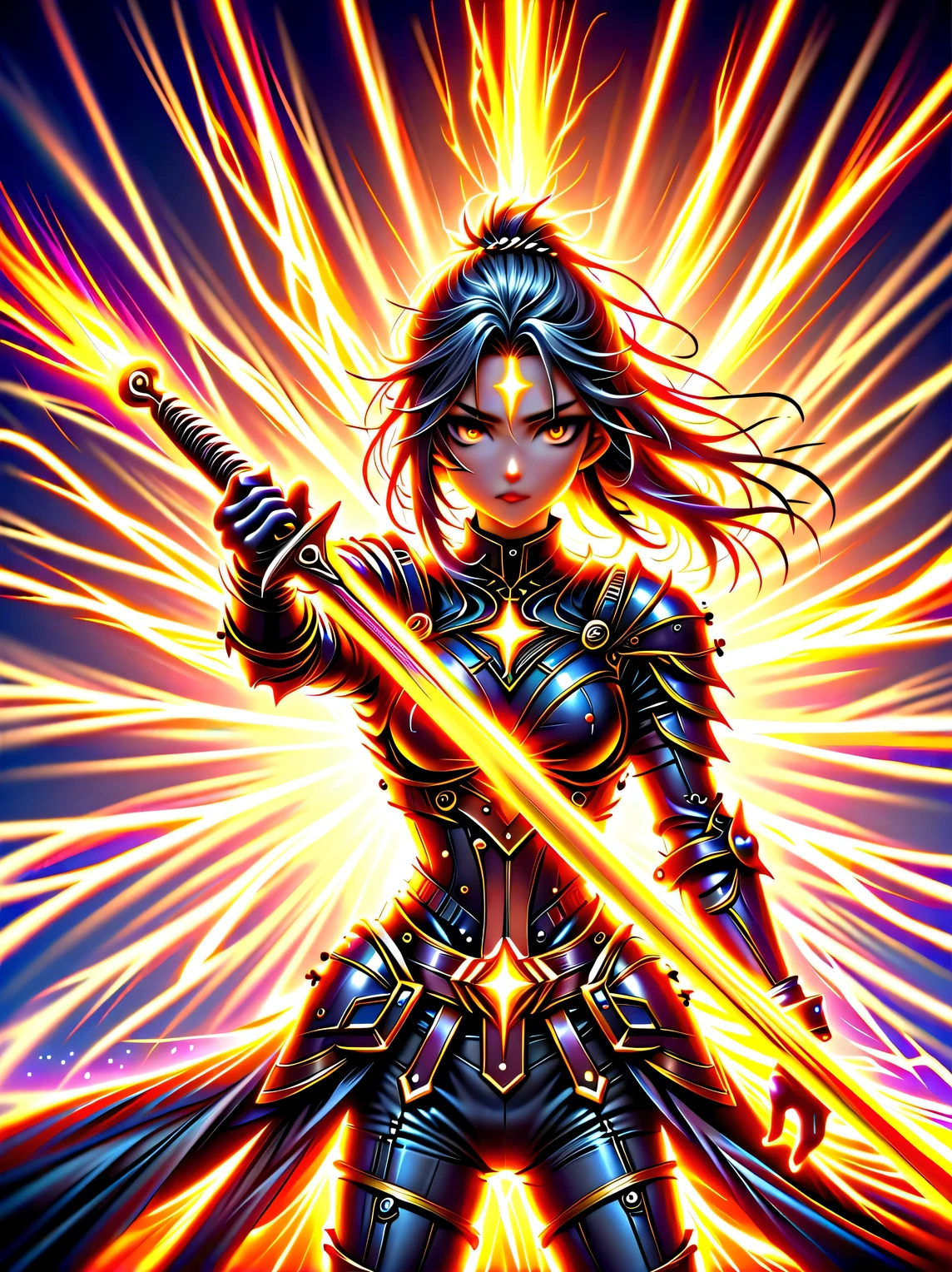 premium quality、masterpiece、highest quality、Super details、Super details、ultra high definition、perfect anatomy、blurred background、outdoor、Cherry blossoms、mist road、studio lighting、bright future、for the audience、Pink and black armor、girl、holding sword、sword equipped with ral-elctryzt、ponytail、glow、shine、eye-catching、Hong Kong style，portrait，medium shot