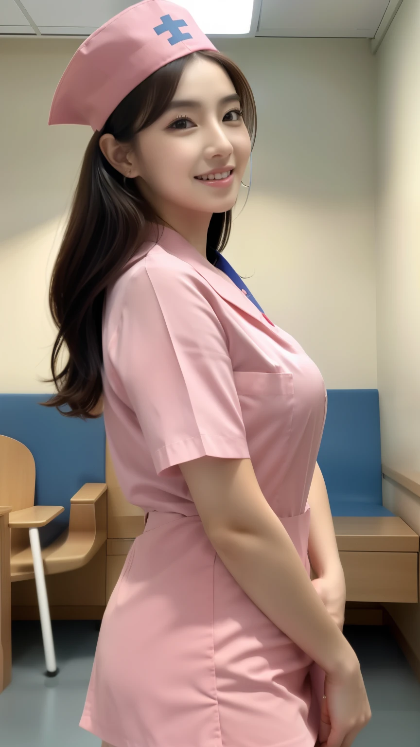 ulzzang-6500-v1.1,(masterpiece, highest quality:1.3), (Ultra-detailed 8K:1.2), (hyperrealistic:1.35),(Raw photo:1.2),highest quality, High resolution, wallpaper, realistic, (dramatic, Realistic painting art by Midjourney:1.3) BREAK (1 nurse, 18yo, pink nurse uniform、Basic Nurse Cap,short pink tight skirt:1.3), (super beautiful girl:1.5), beautiful skin, beautiful and detailed eyes, detailed face, Perfect style,Photo seen diagonally from above,Take a photo from above,smile,looking at camera,Take photos from up close to her,big breasts,very detailed face、Put the stethoscope around your neck,double eyelid、White and clean teeth,brown eyes,chest strengthening,emphasize body line,smile at me lovingly、beautiful lips,glossy lips,white teeth, BREAK Hospital treatment room,Detailed depiction of the background of the hospital room,perfect lighting、Natural light,natural soft light