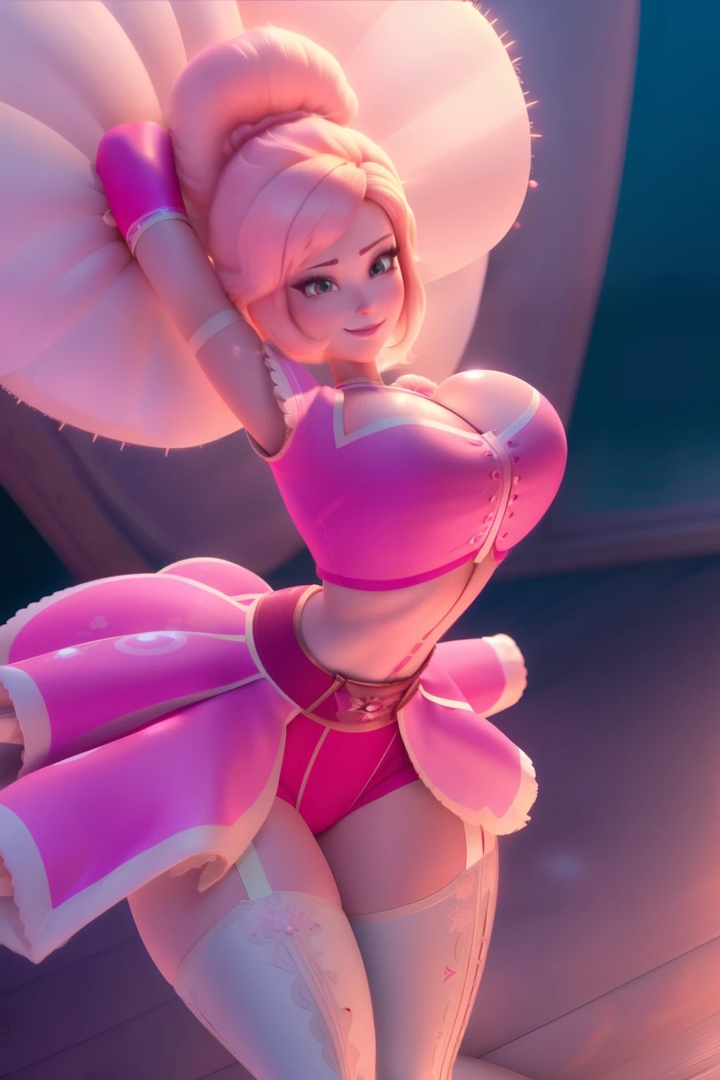 pnkdamond, pink hair, pink eyes,  big hair,  stomach gem,  pink skin,  toned, 
puffy short sleeves, elbow gloves ,  white thighhighs,   puffy dress, 
standing, upper body, 
 outerspace,  
(insanely detailed, beautiful detailed face,beautiful detailed eyes, masterpiece, best quality) cinematic lighting,  smile, 
 