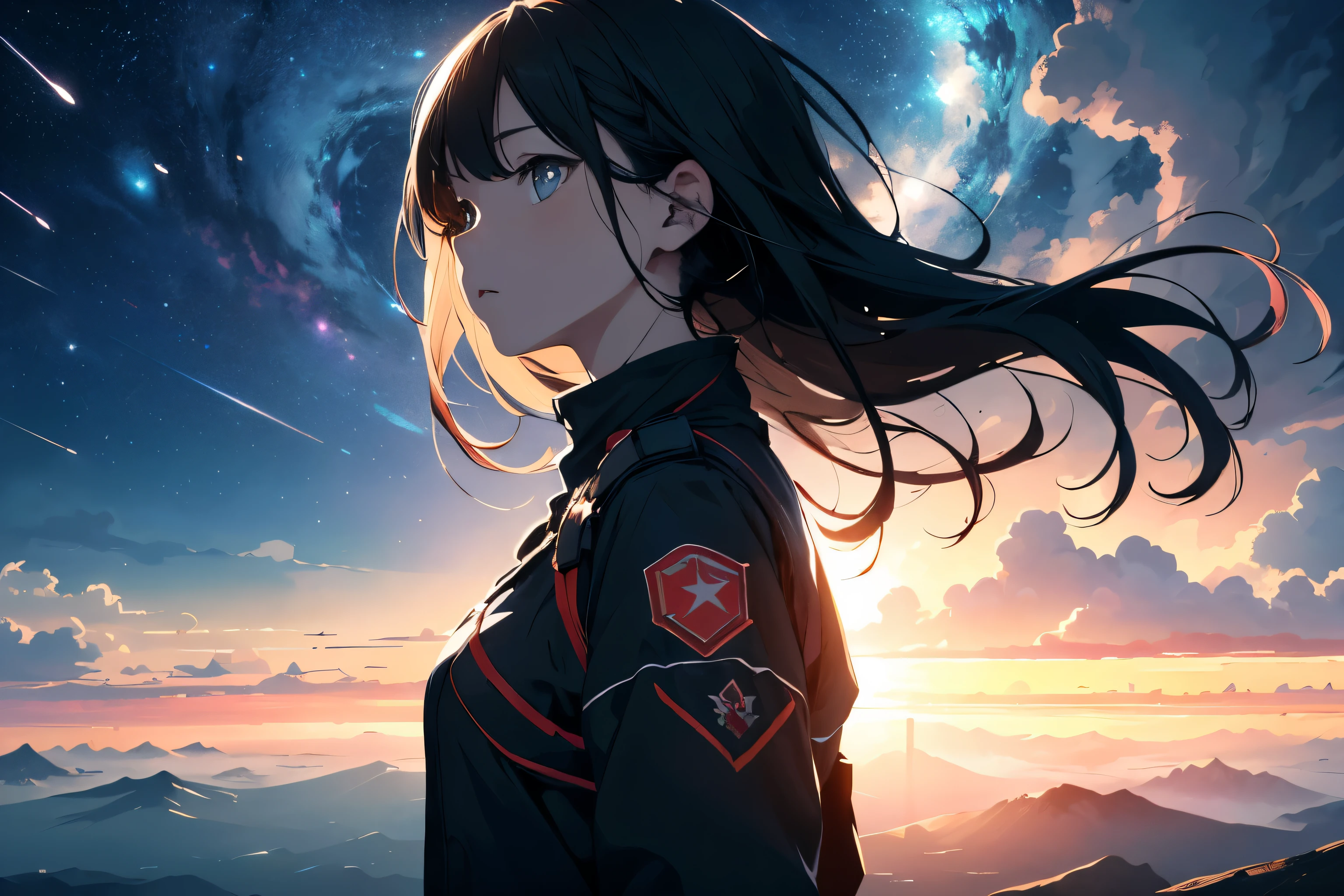 disorganized, High resolution, (official art, beautiful and aesthetic:1.2), Close a view,
shining sky, vast world, girl, stare, an awe-inspiring expression, distant horizon, cloud, high hill, beauty of nature, Inspiration, light effect,