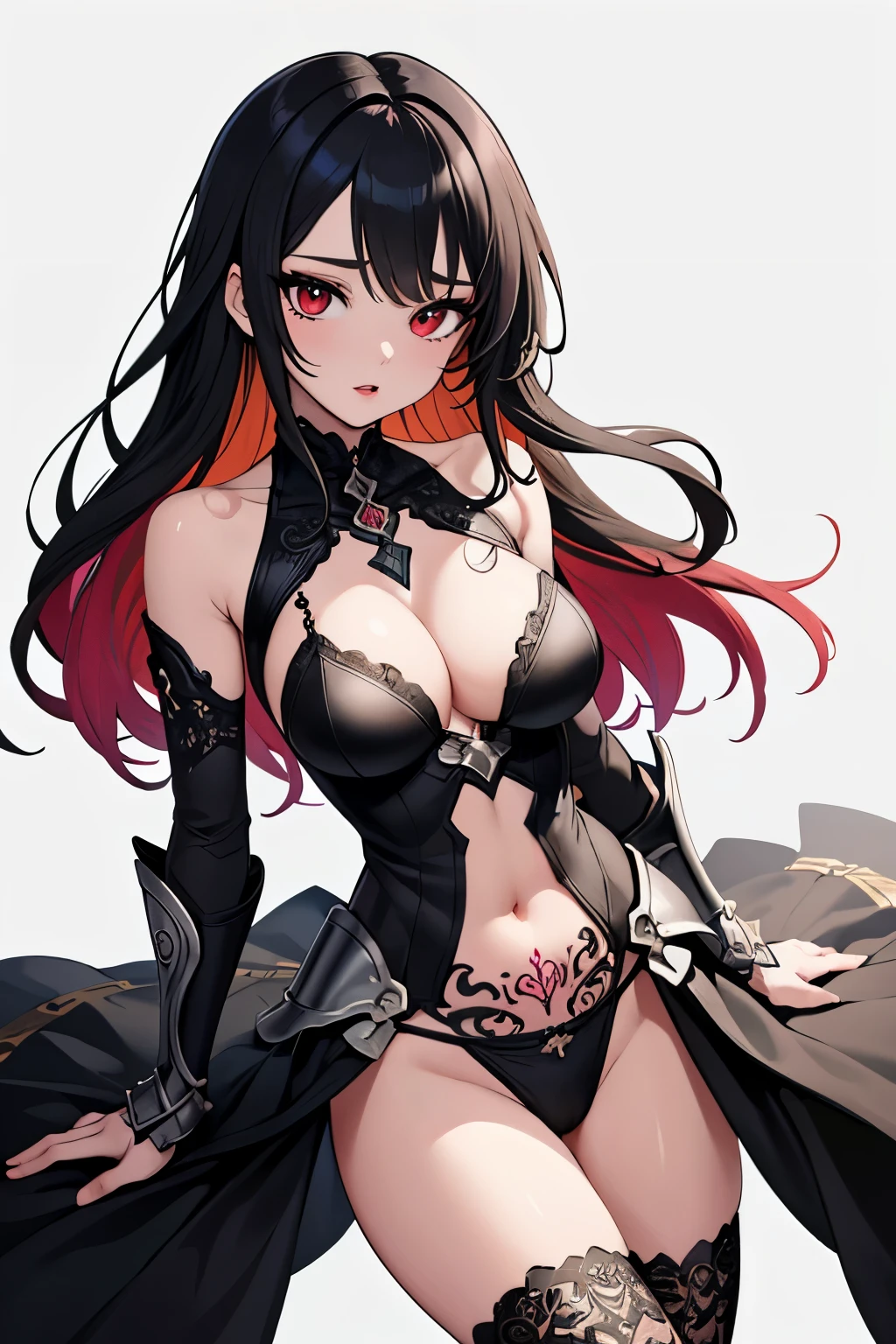 1girl, anime, cute girl, blank background, white background, fantasy, detailed fantasy dress with highlights, beautiful face, beautiful eyes, dark colors, black hair with multicolor streaks, red eye with different color pupil in eye, multicolor eye, medium small breasts (slightly big), slight cleavage, beautiful skin, cute, breast curtains, extremely delicate and beautiful, (beautiful detailed face:1.0), (detailed deep eyes), symmetrical breasts, deep eyes, shiny skin, portrait, slender waist, hips wider than shoulders, thighs, expressionless, young girl, luminous eyes, adorable,(Kpop idol),(aegyo sal:1),(Platinum blonde hair:1),((puffy eye)),Black panty,sexy posture,Superskirt, ultra high resolution,Black collar,slim figure, Abdominal y tattoo, womb tattoo,Tight-fitting leg ring,y tattoo on half-body,Bare skin, Armored hand,Hidden fingertips,Hand covered,Arm covered,Fist covered,{{beautiful detailed fingers}}, tufts of hair, moderate beautiful breast:1.0,(masterpiece:1.2), best quality, high-res, HDR, perfect face, intricate armor, delicate blue filigree, intricate filigree, red metalic parts, detailed part, dynamic pose, dynamic lights,