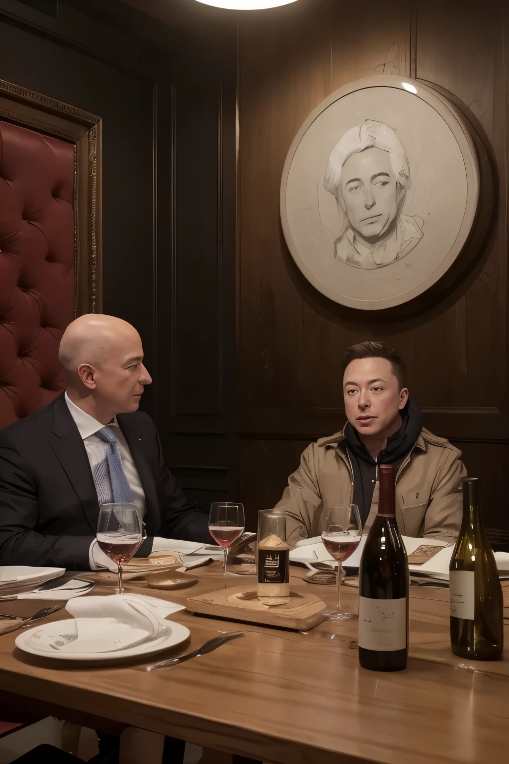 RAW, Best quality, high resolution, masterpiece: 1.3), Intimate gathering of three seats, Jeff Bezos on one side, Elon Musk on the other, all sharing a bottle of wine, Empty chair inviting presence between them, Intimate setting, Warm lighting, Realistic, Detailed, 3Seats, JeffBezos, ElonMusk, WineGlasses, Empty Chair, Seated, IntimateConversation, SharingABottle, ConfidentSmile_JeffBezos, ThoughtfulExpression_ElonMusk, EmptySeatInviting, AllTogetherInTheSameFrame, WineAndConversation.