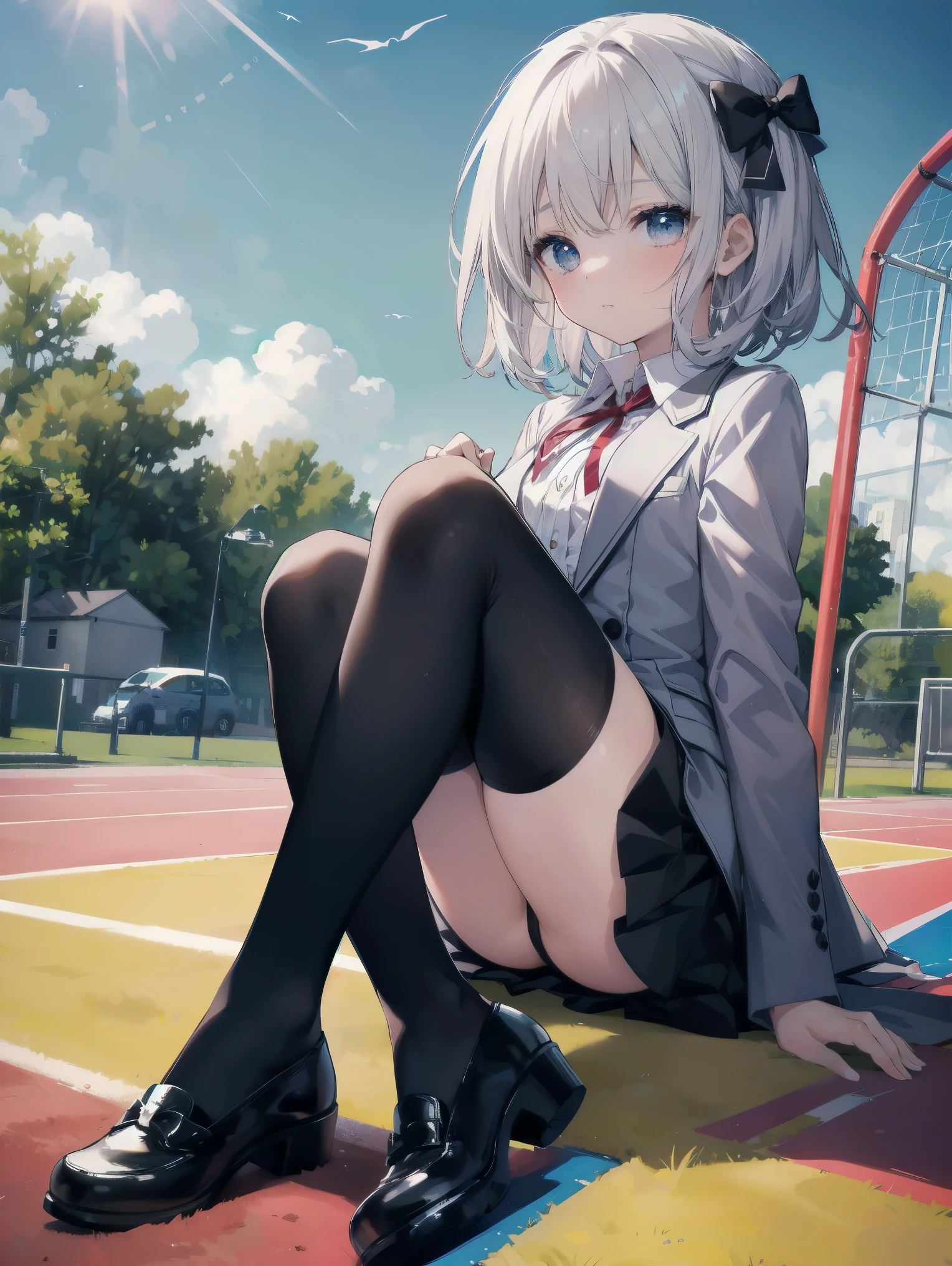 (Masterpiece: 1. 2), (Top quality: 1. 2), Anime girl, 1, 6 years old, Fashionable ribbon, red intricate and detailed eyes, white female blouse, brand grey blazer, small red ribbon on chest, super young and cute kindergarten girl, kindergarten , priss skirt, black tights, details Fine tights, full body, young girl looking back from the side, front view, alone, bruised and super cute, thighs open left and right, erotic pitch kindergarten ,
Background is sitting on the playground equipment in the park, legs open and looking at you, colourful background, beautiful shading effect, bewitching character poses like a scene from a movie.