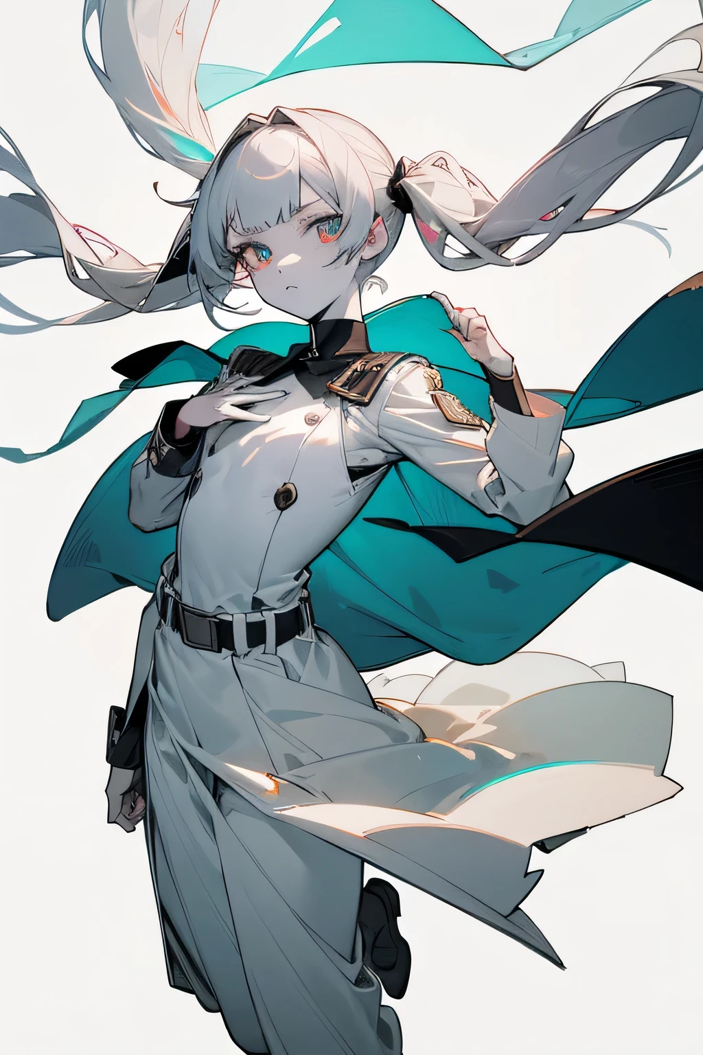 Full body, White one-piece military uniform,(masutepiece:1.2, Best Quality), neon,(finely detailed beautiful eye: 1.2), (beautifull detailed face), High contrast, (Best Illumination, extremely delicate and beautiful), ((Cinematic Light)), Dramatic light, Intricate details, Turquoise eyes, tiny chest, Belt under the chest, White military uniform, White skirt, Dark gray hair, Black tie, (Pale white background:1.5), Long twin tails fluttering in the wind, Long twin tails, Dynamic Pose,
