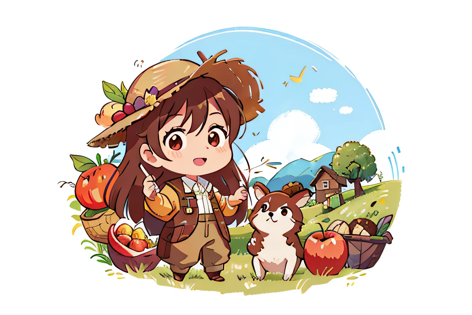 Girl with long brown hair,Put on the farmer suit,(With straw hat),in apple orchard,colorful,Dance(with love)happy,bumper harvest(surrounded by love),O sign,vector,line art,design,inspiration,straight line,RHAD