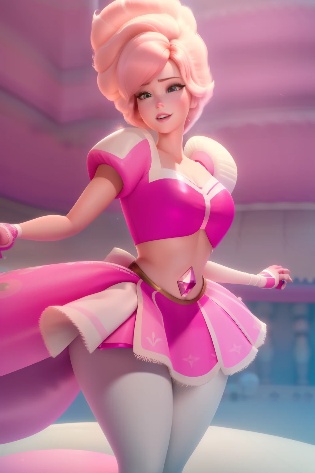 pnkdamond, pink hair, pink eyes, big hair, stomach gem, pink skin, toned,
puffy short sleeves, elbow gloves , white thighhighs, puffy dress,
standing, upper body,
outerspace,
(insanely detailed, beautiful detailed face,beautiful detailed eyes, masterpiece, best quality) cinematic lighting, smile,