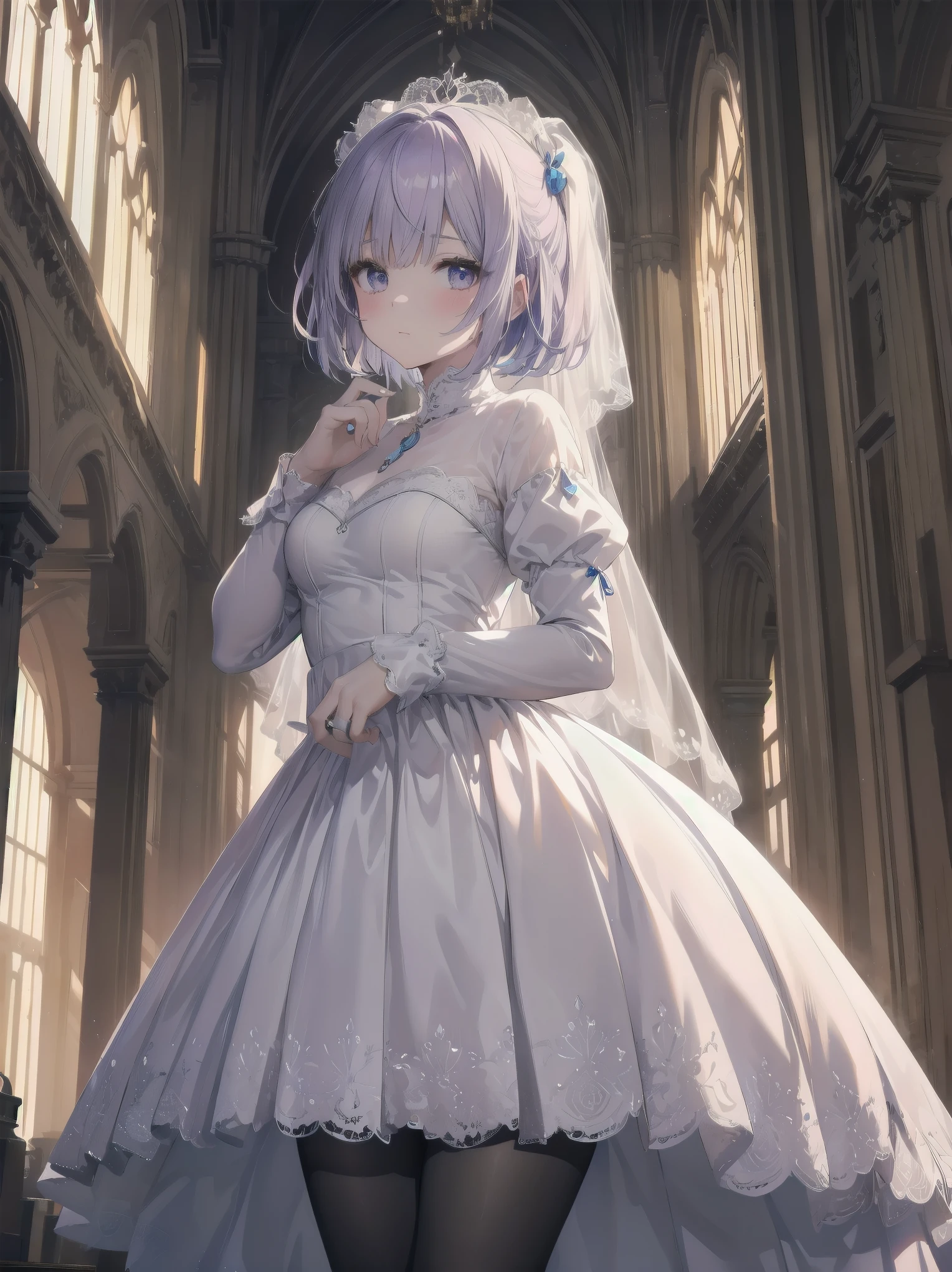 Concept:Childhood Bride: A wedding ring shining on the ring finger
Fusion of medieval European fashion
Emphasis on the elements of cuteness and longing
Illustrations of poses that express the overwhelming cuteness of the characters in the foreground
Overwhelming architectural and cityscape backdrops with ultra-detailed and richly detailed modern interpretations of medieval Europe and fantasy worlds
Realistic textures, professional artistic shading and light sources, scene-like cinematography and effects, subject depth
One beautiful girl, super cute, bob cut, side ponytail, perfect anatomy
Colors: pastel, white, pale purple, blue, gingham check
Materials: chiffon, lace, satin, velvet, etc.
Silhouette: Fluffy skirt, A-line, long length
Decoration: Ruffles, ribbons, lace, pearls, embroidery, etc.
Coordinates: Romantic princess: pastel-colored dress, lace blouse, fluffy skirt, ribbon hair accessory, black tights
Add accessories and accessories for a unique look