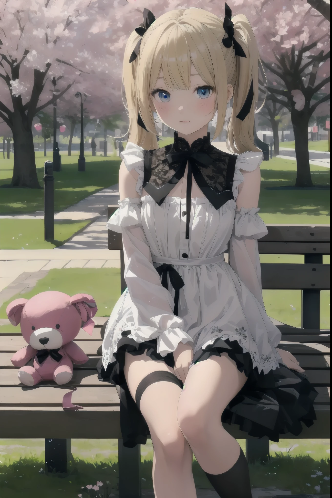 Title: "Stuffed Toys on a Starry Night

Synopsis:.
A cute  stands under a fantastic nighttime cherry blossom tree.
She is wearing black tights, and at her feet sits a cute flower-patterned stuffed animal.
Steam was rising from the air, and a cluster of particles, fluorescent in seven different colors, danced around her, creating a fluffy atmosphere.
The girl holds the stuffed animal with an embarrassed expression.
Her costume incorporates elements of lace and ribbons, harmonizing with the beauty of the nighttime cherry blossoms.

Costume

Fluffy white lace dress
Pink ribbon on the chest
Puff sleeves
Skirt is knee-length and worn with black tights
Pink loafers on her feet
Posing

Holding a large stuffed animal
Looking shy and downcast
Blushing cheeks
Hair in twin-tails tied with a pink ribbon
Situation

Walking along a row of cherry blossom trees
Sitting on a park bench
Drinking tea at a cafe
Other

The girl's hair color is blonde and her eyes are blue
Age is 14 years old
Her personality is cheerful and kind