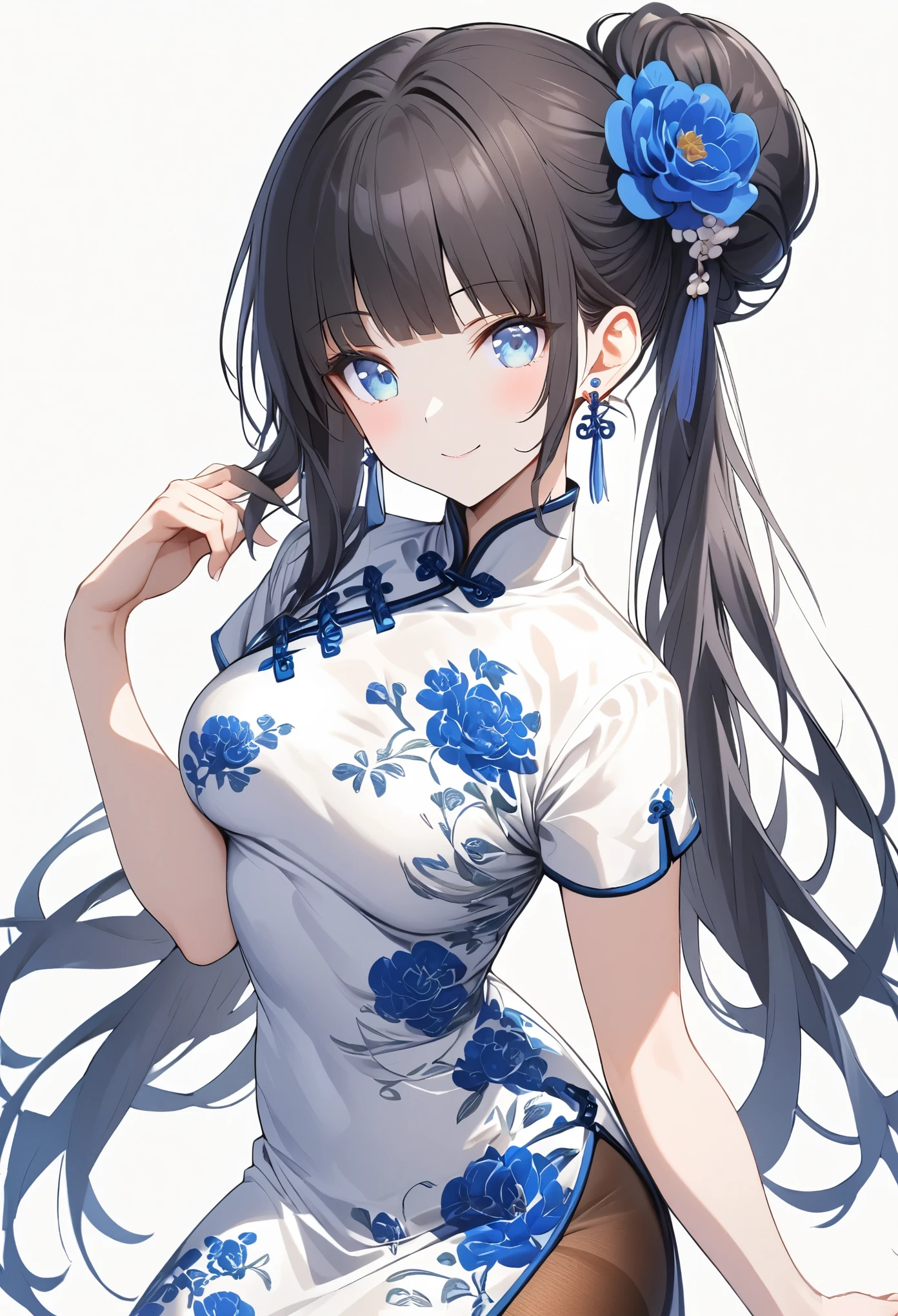 qipao,1girl,bangs,black hair,blue eyes,blue flower,breasts,china dress,chinese clothes,dress,earrings,floral print,hand up,long hair,looking at viewer,pantyhose,print dress,simple background,smile,solo,white background