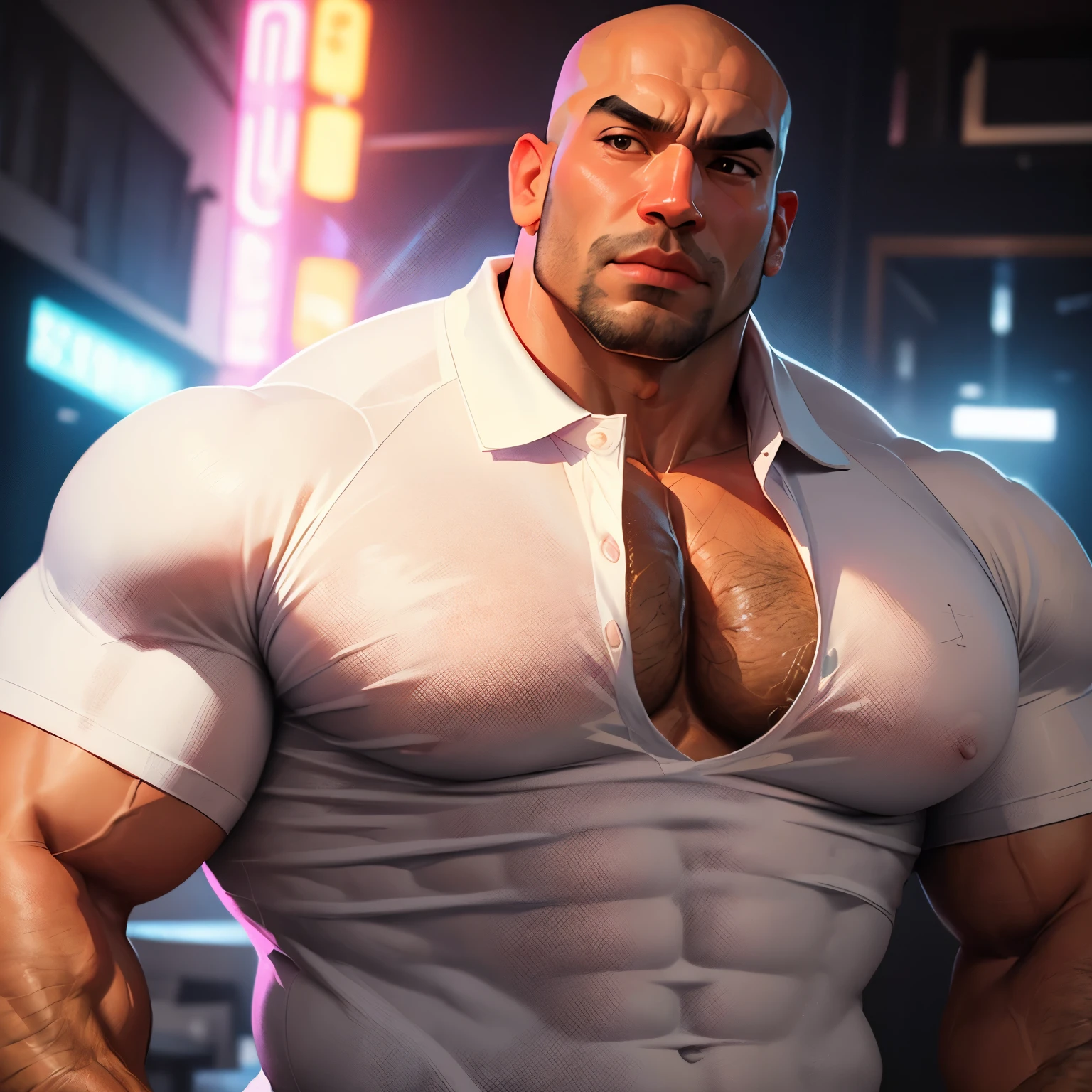 an exaggeratedly muscular and large bald bodyguard, mixed race, (wearing white polo shirt: 1.2), (pecs popping out of ripped shirt: 1.1), (bara pecs: 1.3), (hairy chest: 1.1), portrait HD, night club with pink lights