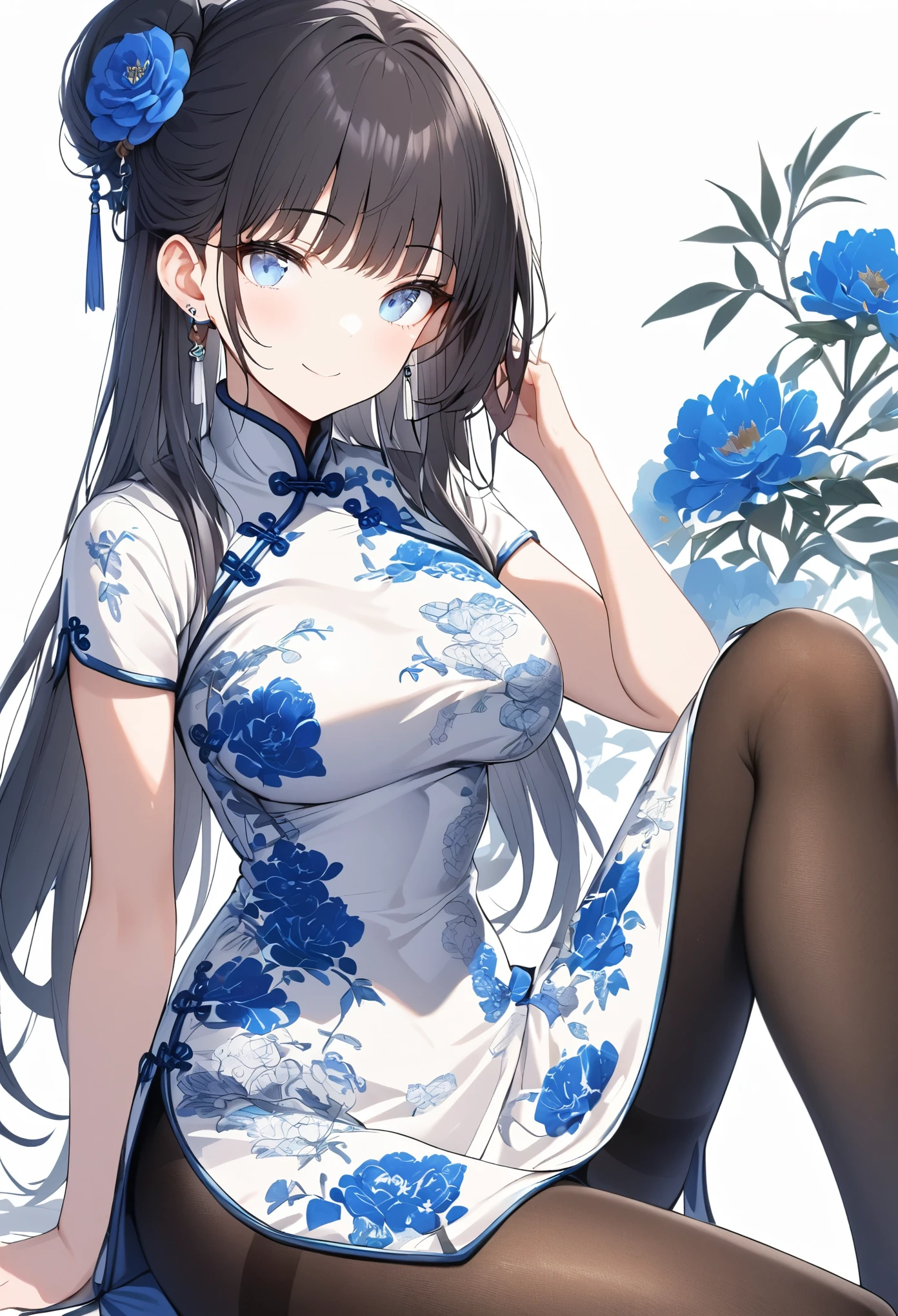 qipao,1girl,bangs,black hair,blue eyes,blue flower,breasts,china dress,chinese clothes,dress,earrings,floral print,hand up,long hair,looking at viewer,pantyhose,print dress,simple background,smile,solo,white background