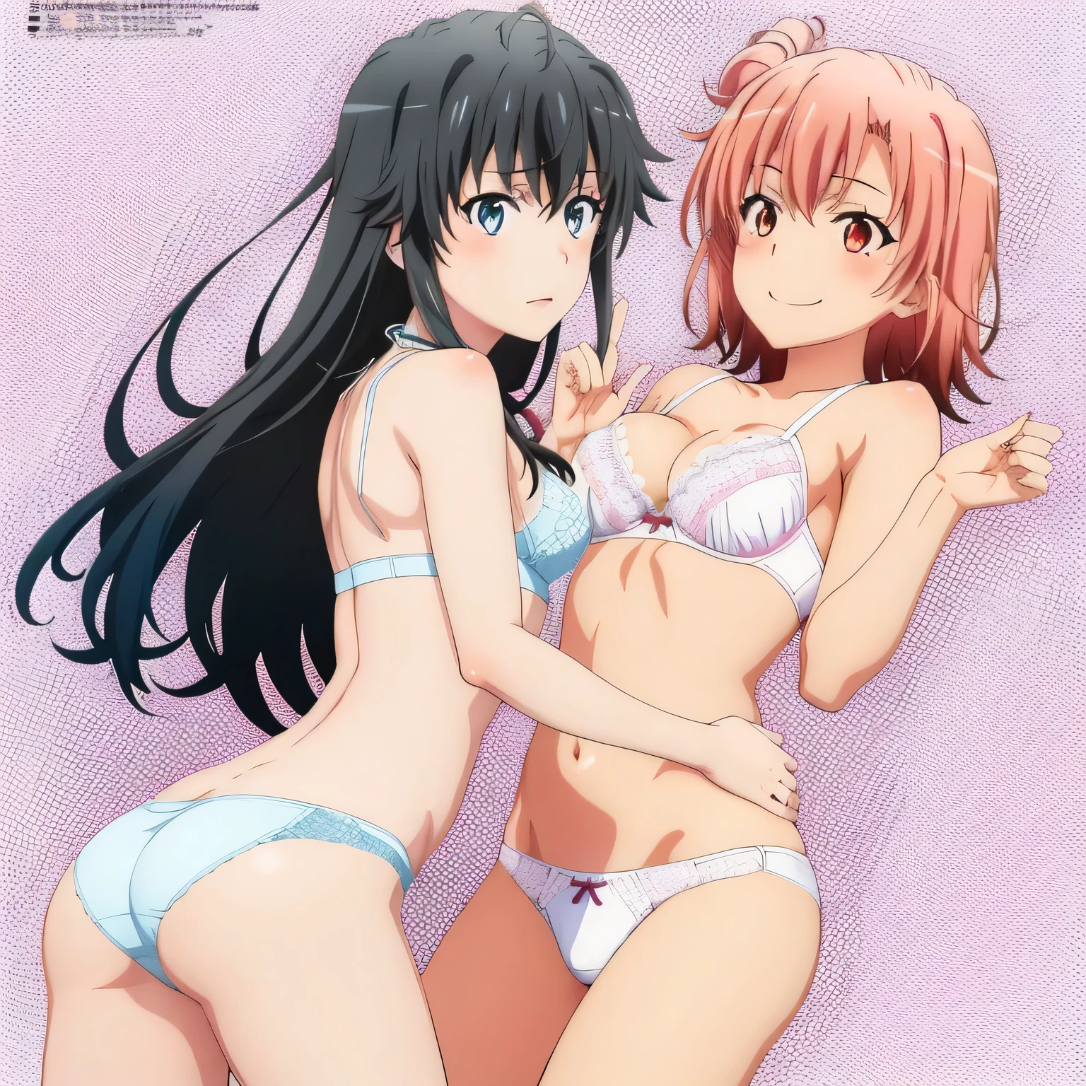 2 girls , Yukinoshita Yukino , Yuigahama Yui has a nice bust and hips., waltz dance , In underwear,pink good,belly button,Side string panties,white bra、belly button,white panties,The line of the pussy,thighs,butt,high angle,