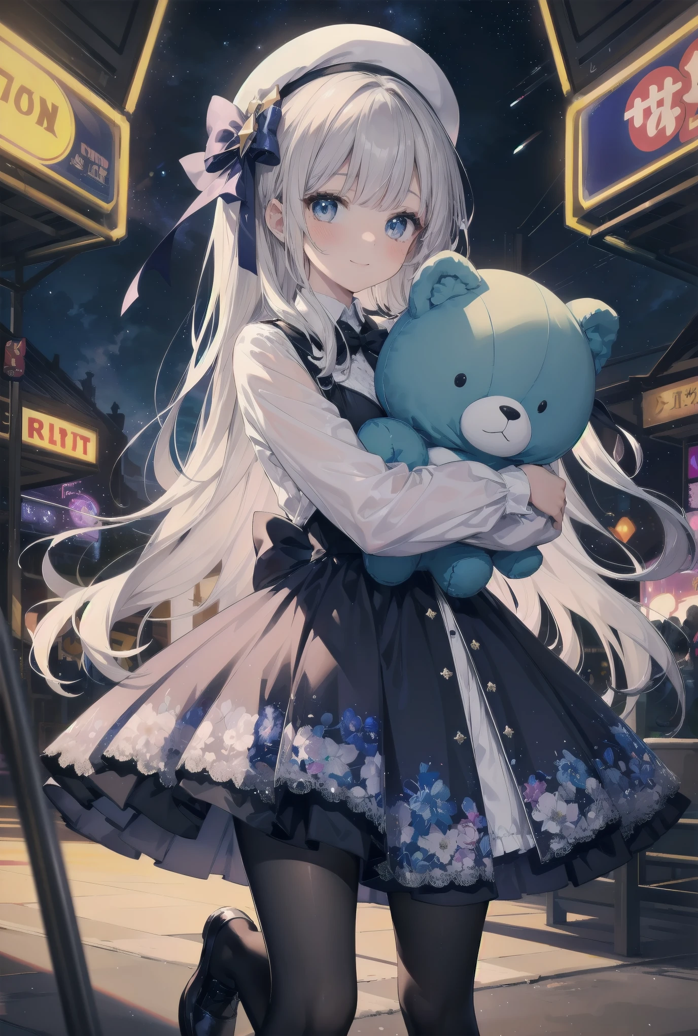 A girl hugging a stuffed animal in a space amusement park:.Amidst the colorful lights and stars of a space amusement park, a young girl holds a large stuffed animal in her arms. She is dressed in a dreamy blue dress decorated with lace and ribbons in the shape of stars. Her black tights are decorated with shiny floral patterns, and she wears shoes with silver glitter on her feet. The girl's expression is shy and smiling, and behind her is an infinite universe, with stars twinkling all around her. This scene captures a fantastic moment when dream and reality intersect