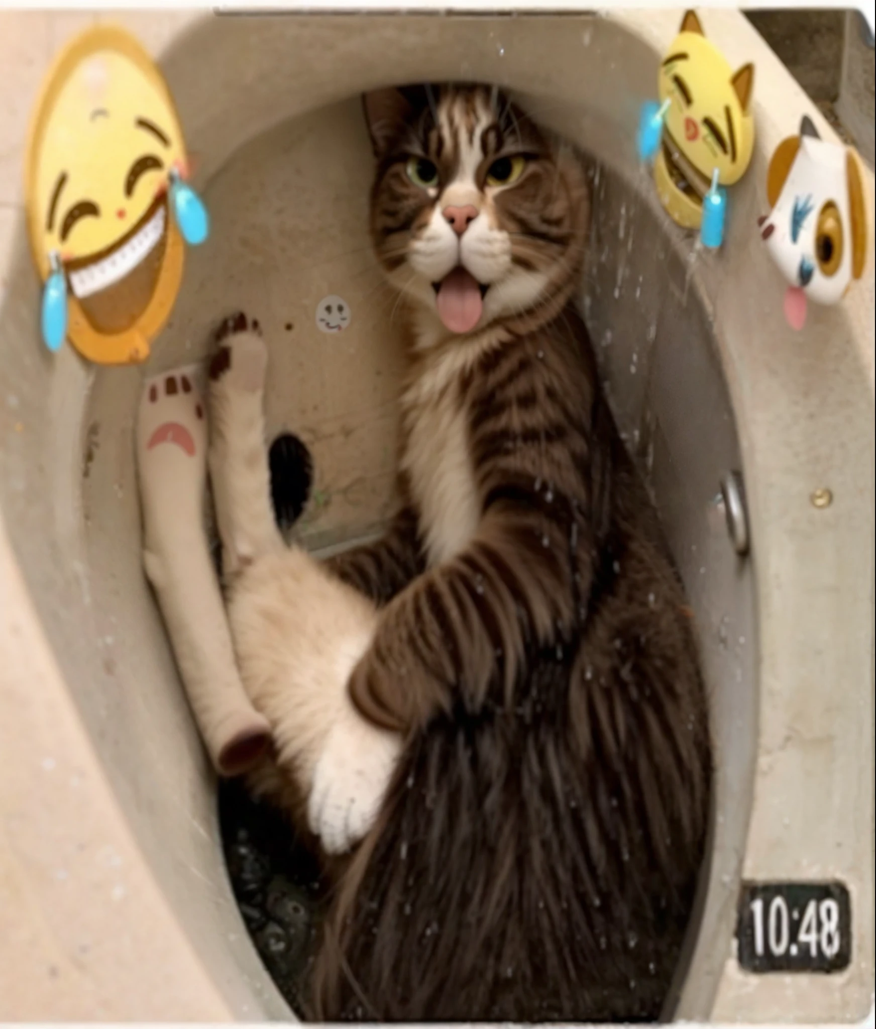 Gato araffe en un fregadero con emoticones de cara., Gato divertido, hay un orinal lleno a su lado, a cat is smiling, un gato sentado en una silla, Crawling in a wet sewer pipe, 🐋 as 🐘 as 🤖 as 👽 as 🐳, plantilla de meme, Sitting in a bathroom, con sentimiento gracioso, Meme divertido