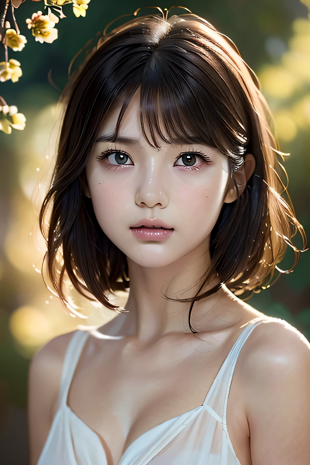 blurred background, flowers, perfect anatomy, asian, smart woman, small face, beautiful detailed eyes, thick lips, detailed eyes and face, brown eyes, long eyelashes, 1 girl, skin like white porcelain, soft and delicate skin, short bangs , a soft look, long hair, brown hair, careful rendering of hair, elegant posture, generous neckline, big chest 2.2, natural light, good atmosphere, rosy cheeks, born, top quality, high resolution, masterpiece: 1.3, 8k