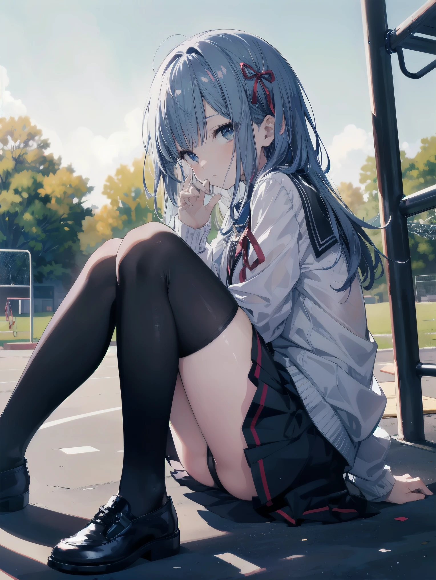 (Masterpiece: 1. 2), (Top quality: 1. 2), Anime girl, 1, 6 , Fashionable ribbon, red intricate and detailed eyes, white female blouse, brand grey blazer, small red ribbon on chest, super young and cute kindergarndergarten , priss skirt, black tights, details Fine tights, full body, young girl looking back from the side, front view, alone, bruised and super cute, thighs open left and right, erotic pitch kindergarten ,
Background is sitting on the playground equipment in the park, legs open and looking at you, colourful background, beautiful shading effect, bewitching character poses like a scene from a movie.