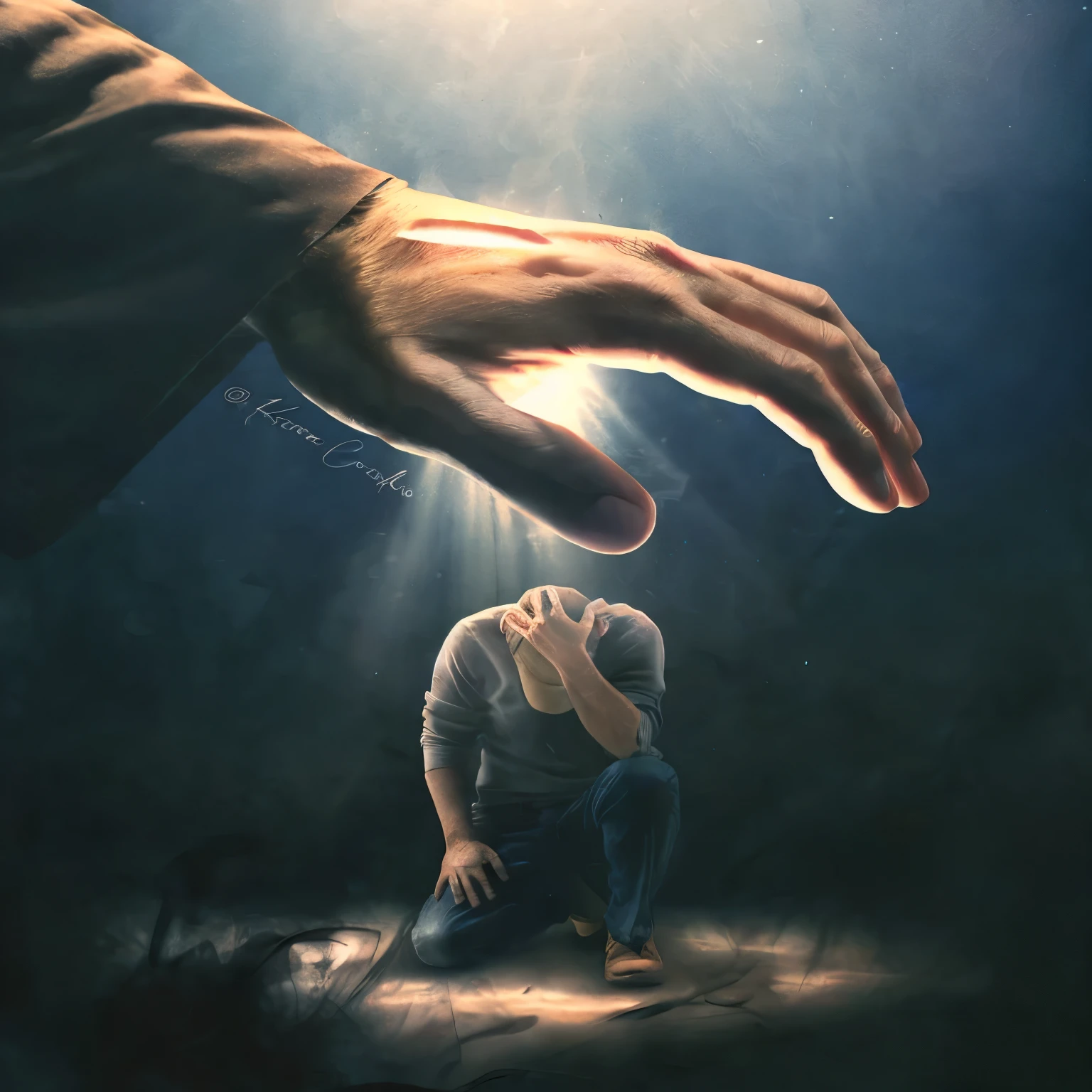 someone is reaching out to touch a hand that is touching a man, imagem emocional, ! holding in hand !, your hands buried in your face, photo manipulation, arte conceitual emocional, por Cirilo Rolando, photo manipulation, por Relja Penezic, a luz se curva para ele, por Eugeniusz Zak, Rezar, prophetic art