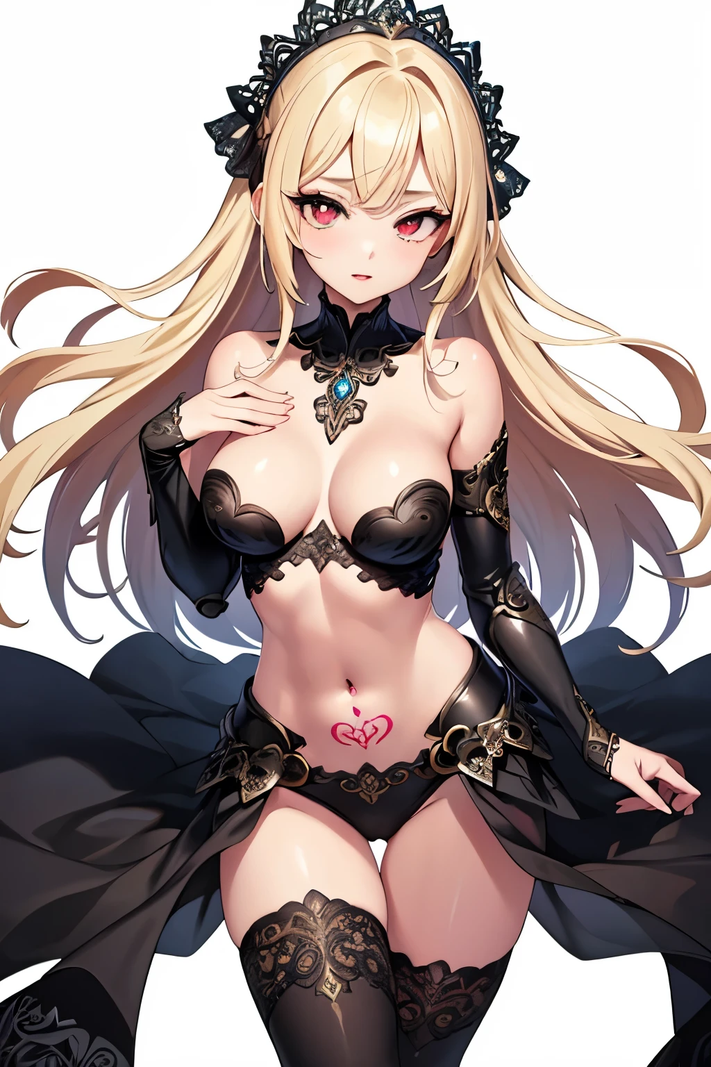1girl, anime, cute girl, blank background, white background, fantasy, detailed fantasy dress with highlights, beautiful face, beautiful eyes, dark colors, black hair with multicolor streaks, red eye with different color pupil in eye, multicolor eye, medium small breasts (slightly big), slight cleavage, beautiful skin, cute, breast curtains, extremely delicate and beautiful, (beautiful detailed face:1.0), (detailed deep eyes), symmetrical breasts, deep eyes, shiny skin, portrait, slender waist, hips wider than shoulders, thighs, expressionless, young girl, luminous eyes, adorable,(Kpop idol),(aegyo sal:1),(Platinum blonde hair:1),((puffy eye)),Black panty,sexy posture,Superskirt, ultra high resolution,Black collar,slim figure, Abdominal y tattoo, womb tattoo,Tight-fitting leg ring,y tattoo on half-body,Bare skin, Armored hand,Hidden fingertips,Hand covered,Arm covered,Fist covered,{{beautiful detailed fingers}}, tufts of hair, moderate beautiful breast:1.0,(masterpiece:1.2), best quality, high-res, HDR, perfect face, intricate armor, delicate blue filigree, intricate filigree, red metalic parts, detailed part, dynamic pose, dynamic lights,