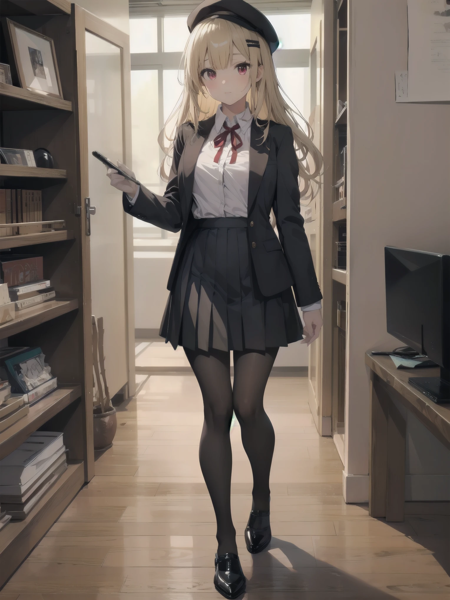 (Masterpiece: 1. 2), (Top quality: 1. 2), Anime girl, One, Blonde hair, Hair clip on right side of forelock, Black cap, Wine red eyes, White female shirt, Brand grey blazer, Small red ribbon across chest, Office clothes, One size larger shirt, Checked priss skirt, Black tights, tights with fine detail, full body, large breasts, front view, alone, bruised and super cute