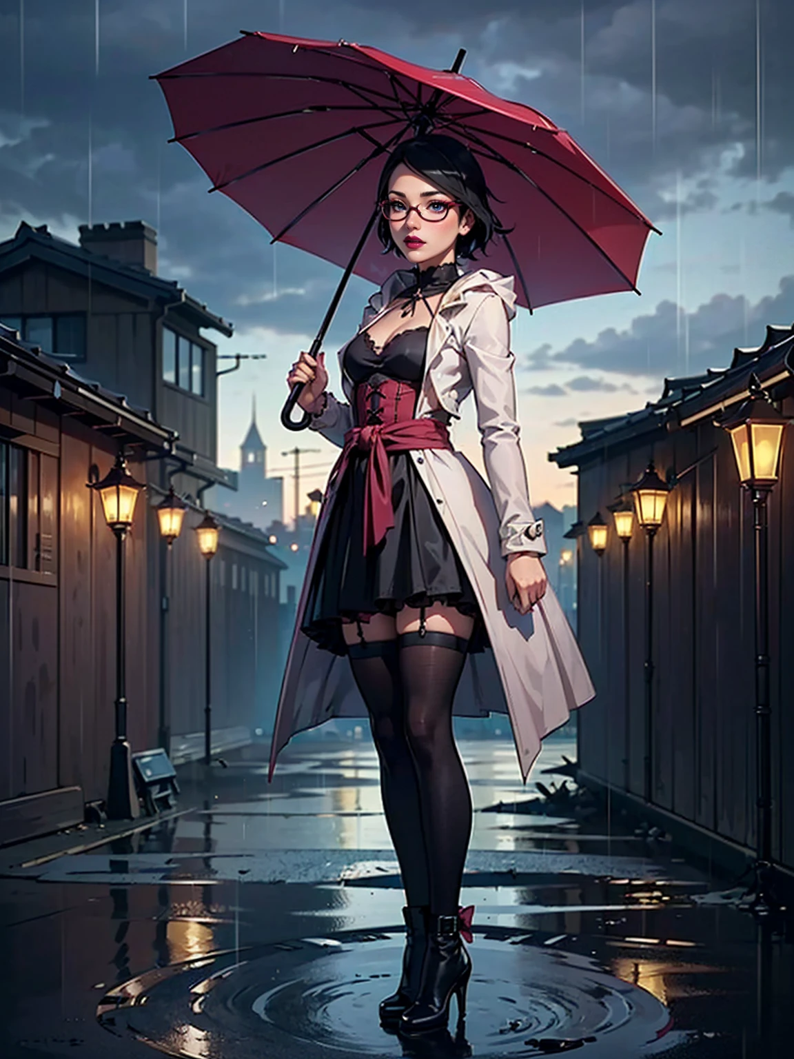(1girl, solo, alone), (WakatsukiRisa, Sarada Uchiha, black hair, short hair, black eyes, red glasses), ((solo, (1woman, pink lipstick, (small breasts)), Extremely detailed, ambient soft lighting, 4k, perfect eyes, a perfect face, perfect lighting, a 1girl)), austere, ((Delicately portrayed hands, masterpieces, extremely detailed depiction, extremely delicate picture, 1girl, ((umbrella), (delicate umbrella, holding an umbrella), (princess dress), ((Crinoline skirt)), bow on head, gothic style, waist seal, gothic style, big skirt, cute, beautiful girl, lantern, puff sleeves, puffy skirt, full body, functional wind coat, steampunk, background (gothic architecture, rain, gloomy sky, tower, city vista)))