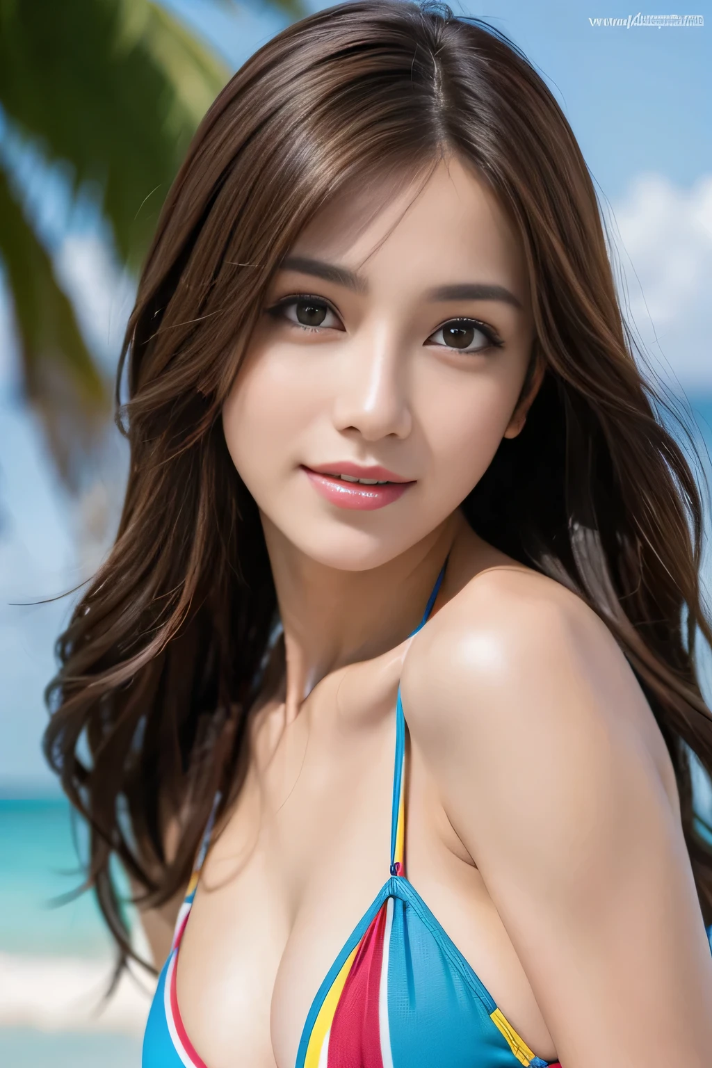 table top, highest quality, realistic, Super detailed, finely, High resolution, 8k wallpaper, 1 beautiful woman,, Light brown long hair,wearing a colorful bikini, sharp focus, perfect dynamic composition, beautiful and detailed eyes, thin hair, Detailed realistic skin texture, smile, model body shape,whole body