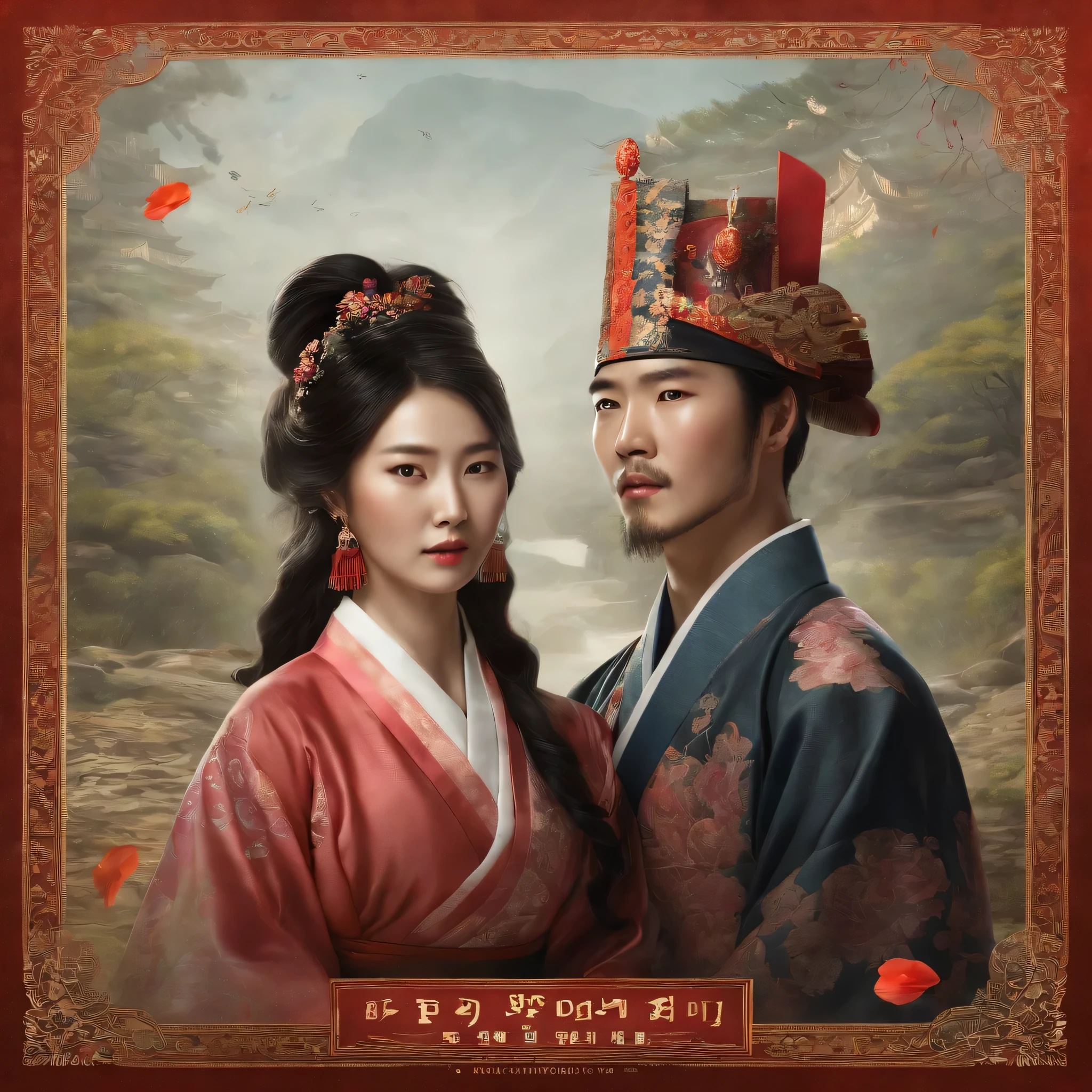 Create a book cover in a Korean fantasy way, magia basado en esta frase: Can they be together, el mejor asesino y la heredera de la familia ?: The cover could have a vibe , colorful magical and fantasy
* En el centro de la portada, You could place a detailed and stylized illustration of a man and a woman facing each other and at the same time in love, representando al mejor asesino y a la heredera de la familia.
* The man could be dressed in a traditional Korean costume, llamado "hanbok", pero con algunos elementos modernos para resaltar su papel como asesino.
* The woman could be dressed in a more elaborate and colorful hanbok, simbolizando su estatus como heredera y corona coreana sutil.
* Both characters could have serious and determined expressions, showing the conflict and tension between them.
* En la parte superior de la portada, the title of the book could be included in stylized Korean characters, with a font that resembles traditional Korean calligraphy.
* En la parte inferior de la portada, the author's name could be added: Loiz Daniel V. and any other graphic or symbolic element that is related to the plot of the book.